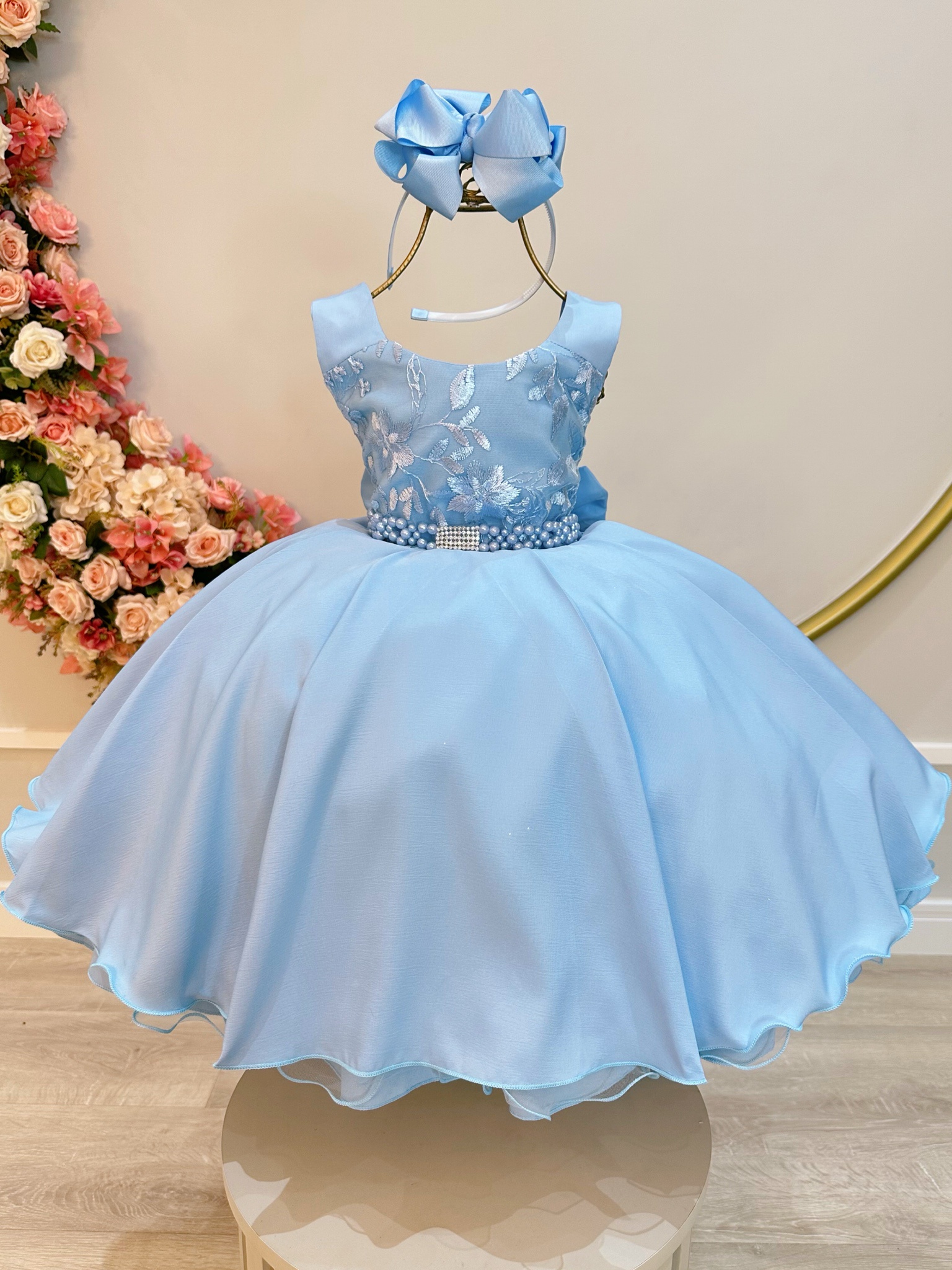 Vestido Infantil Azul Claro Busto C/ Renda Damas Festas