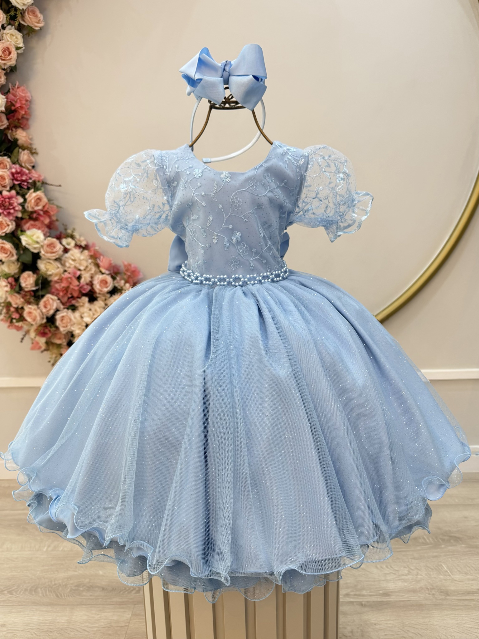 Vestido Infantil Azul Claro Busto C/ Renda Glitter Daminhas