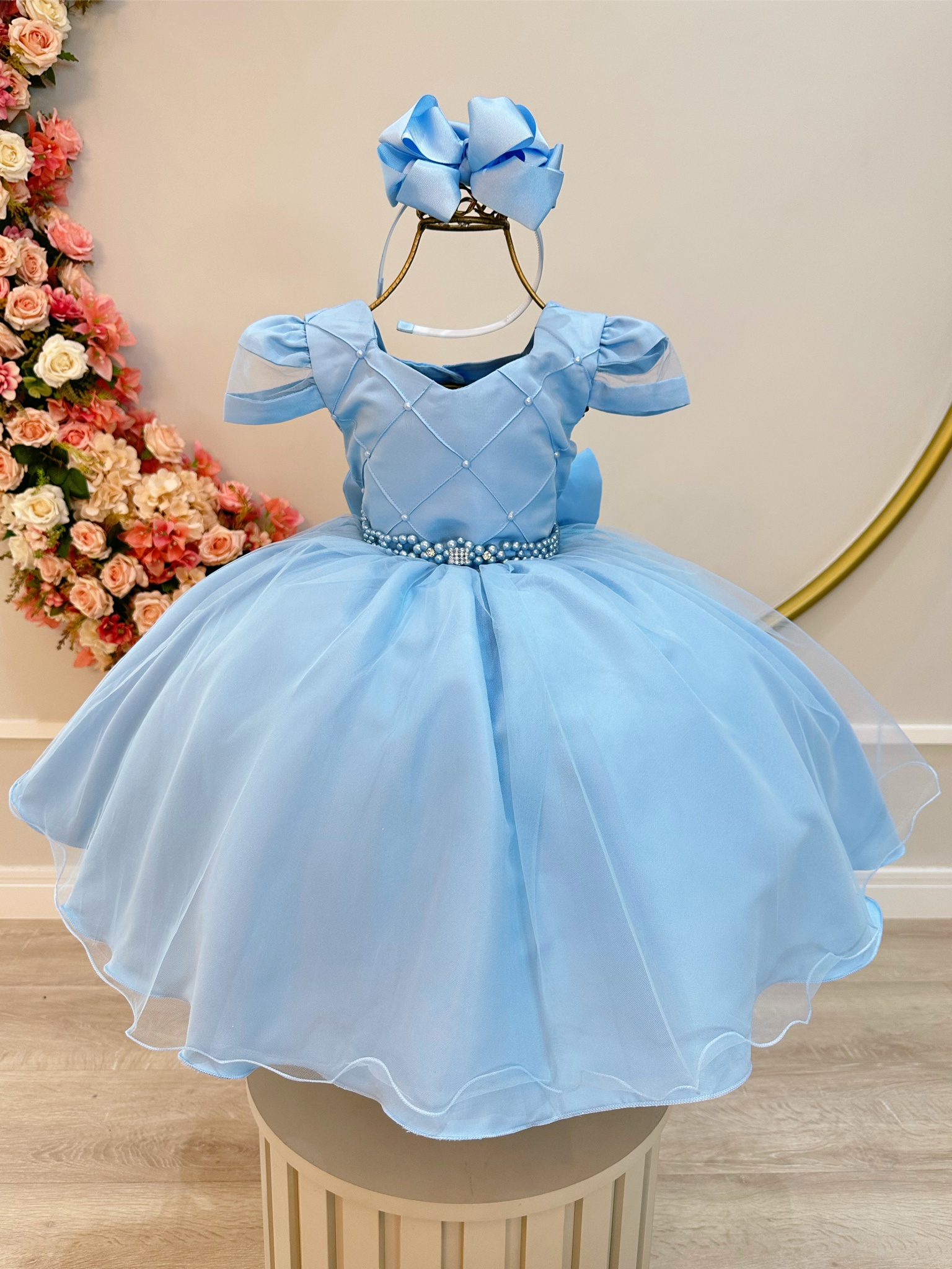 Vestido Infantil Azul Claro Busto Nervura Daminhas Festas