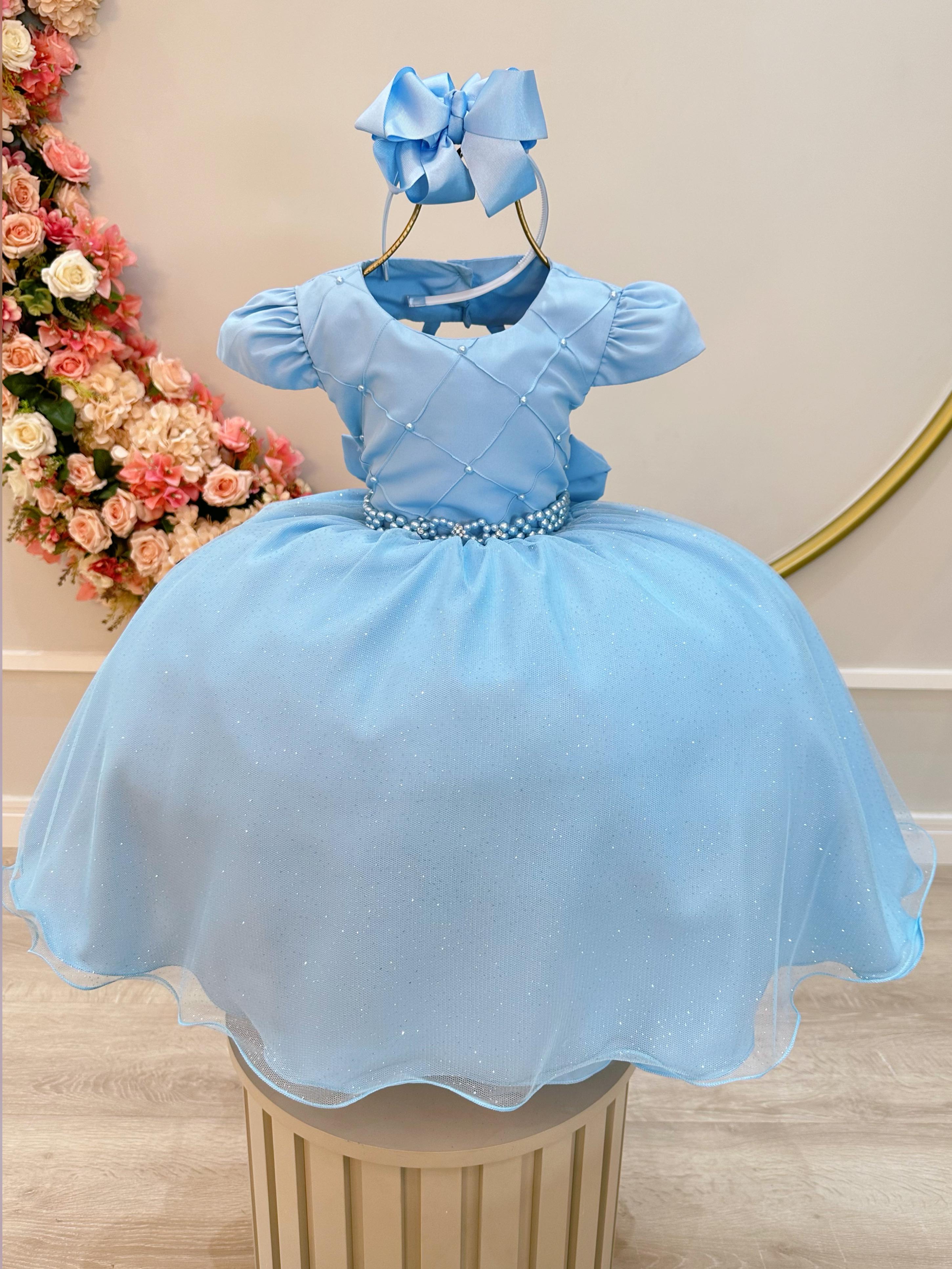 Vestido Infantil Azul Claro Busto Nervura Pérolas e Strass