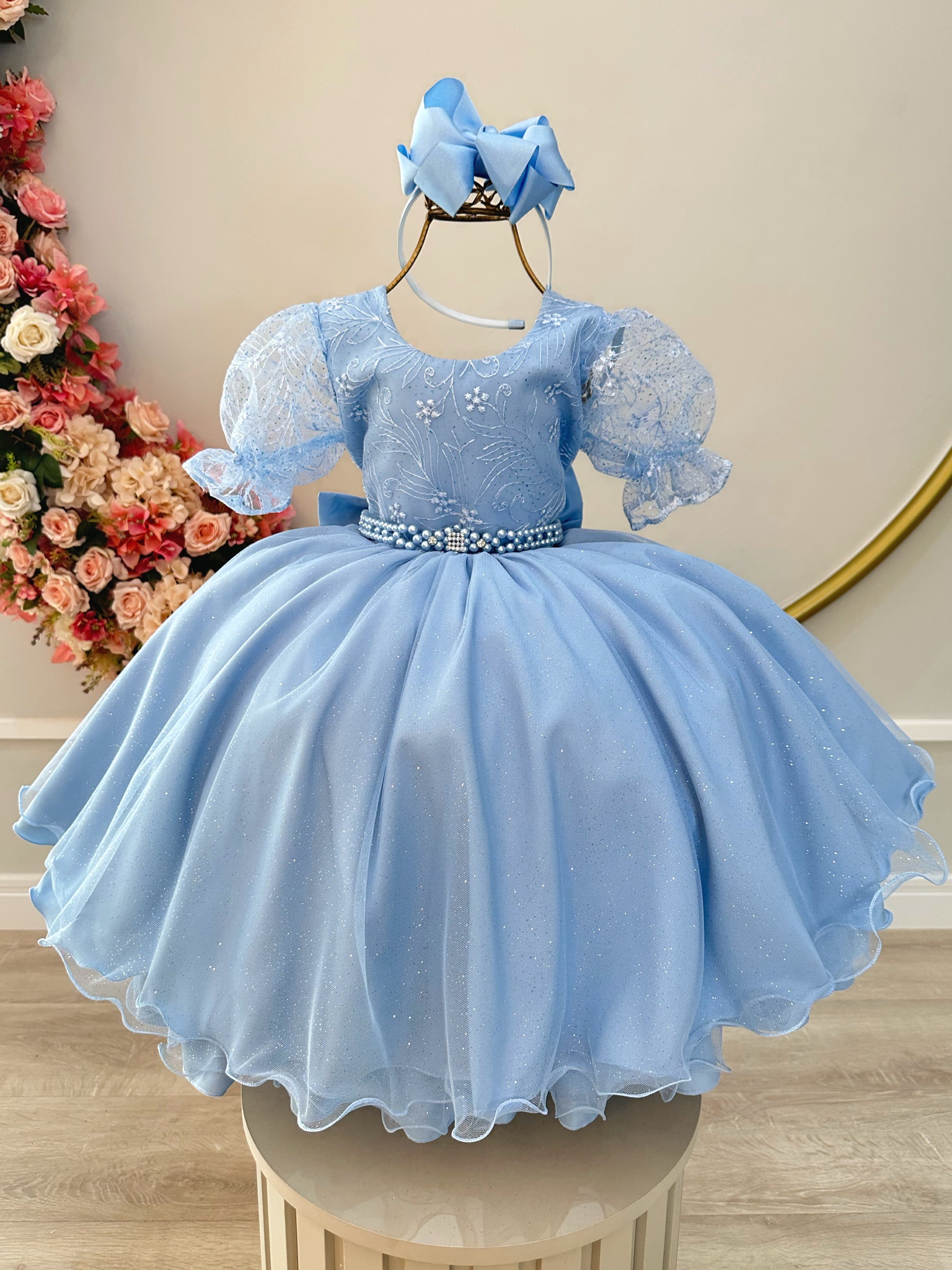 Vestido Infantil Azul Claro Com Renda Festas Daminhas Luxo