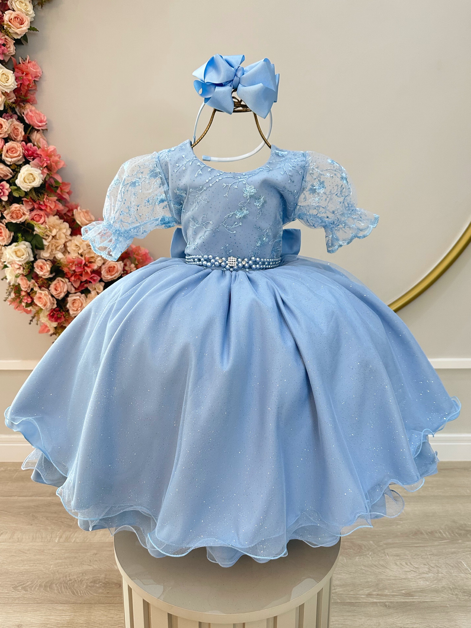 Vestido Infantil Azul Claro Com Renda Luxo Festas Daminhas