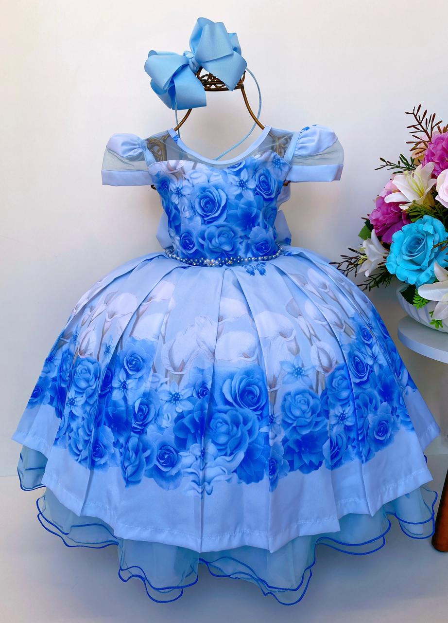 Vestido Infantil Azul Floral Luxo Pérolas