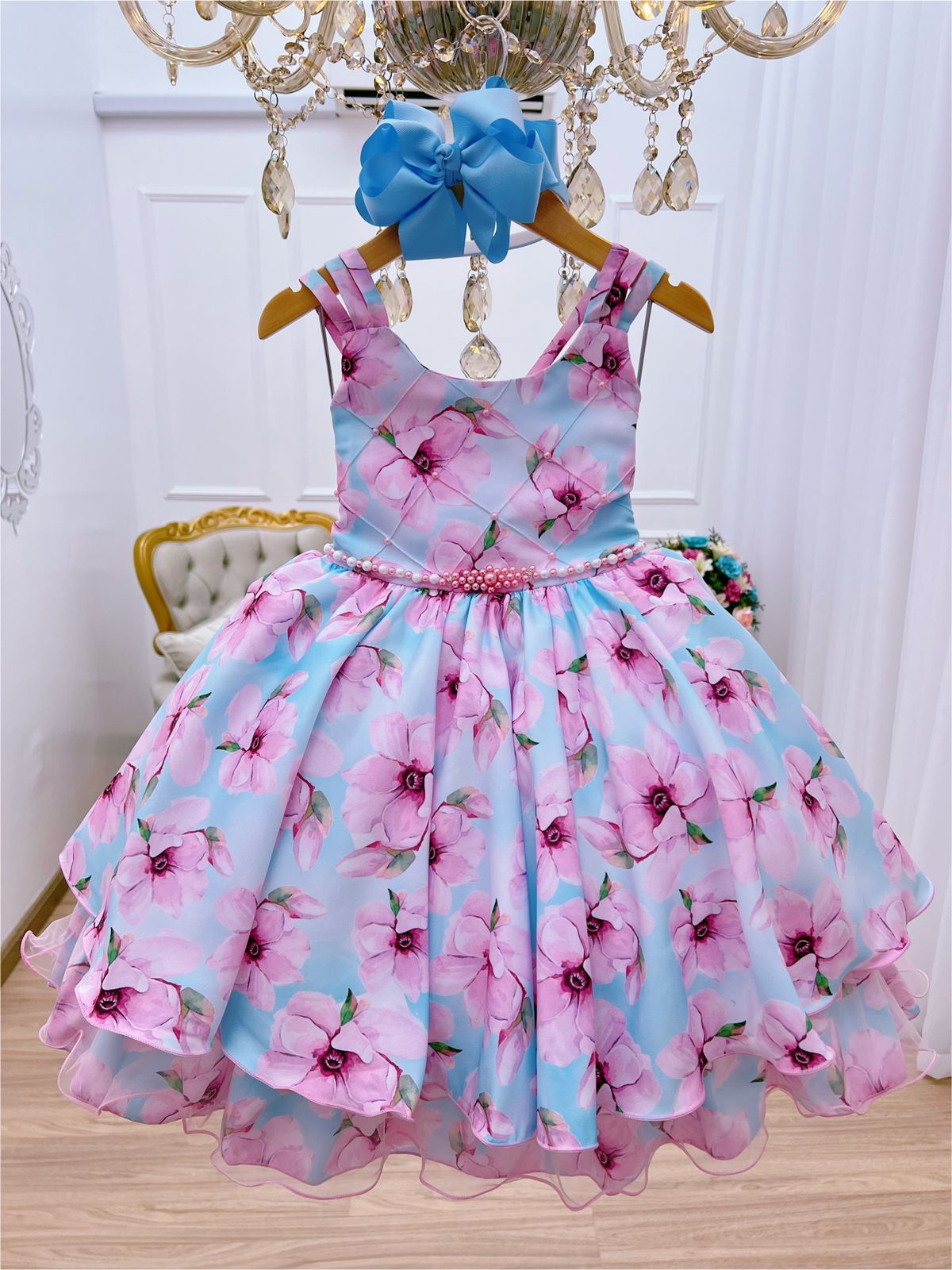 Vestido Infantil Moana Baby Rosa Azul Cinto Pérolas Luxo - Rosa