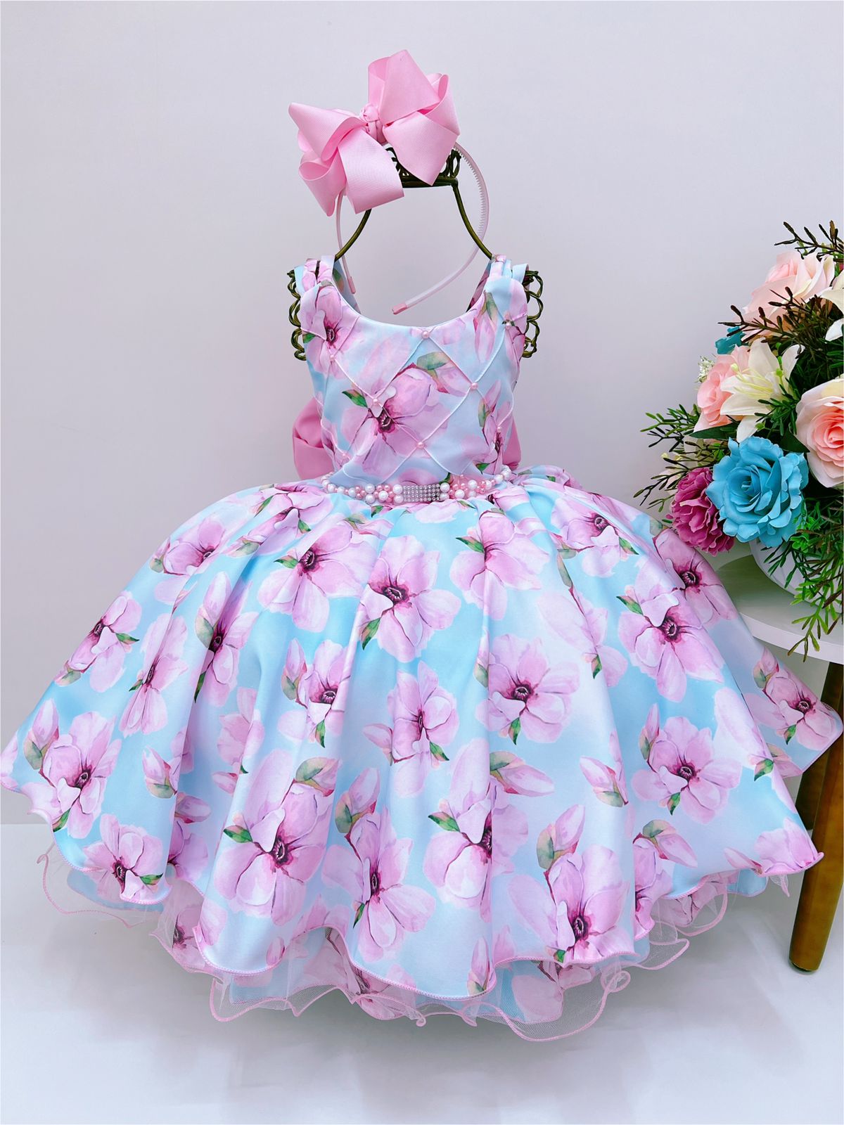 Vestido Infantil Azul Floral Rosa Luxo Cinto de Pérolas Strass