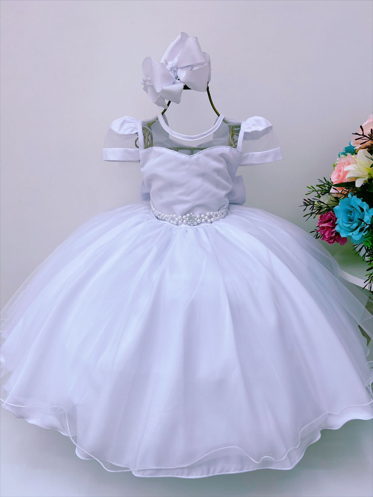 Vestido Infantil Branco Batizado Voal Cinto de Pérolas