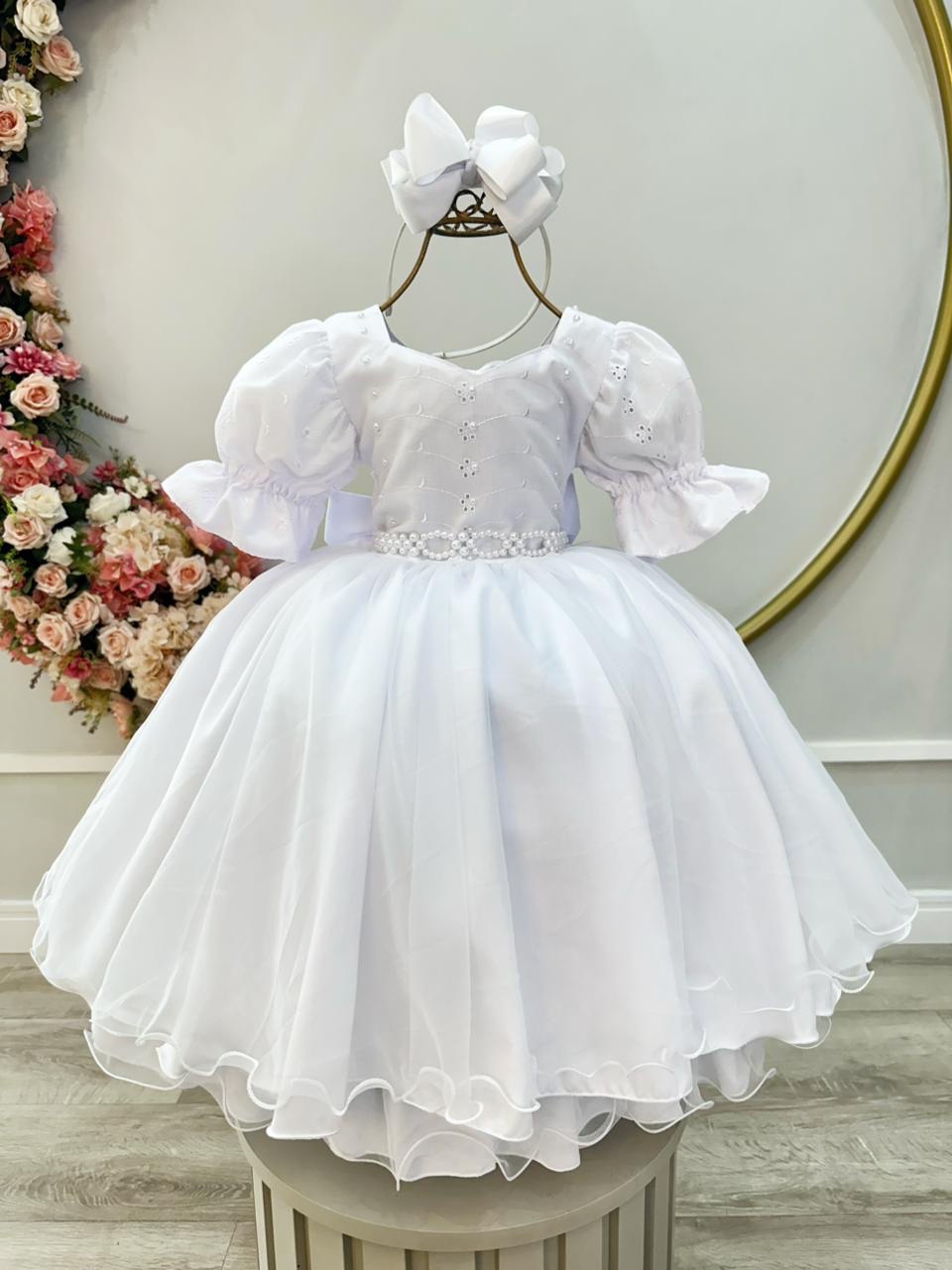 Vestido Infantil Branco Busto Bordado Daminhas Festas Luxo