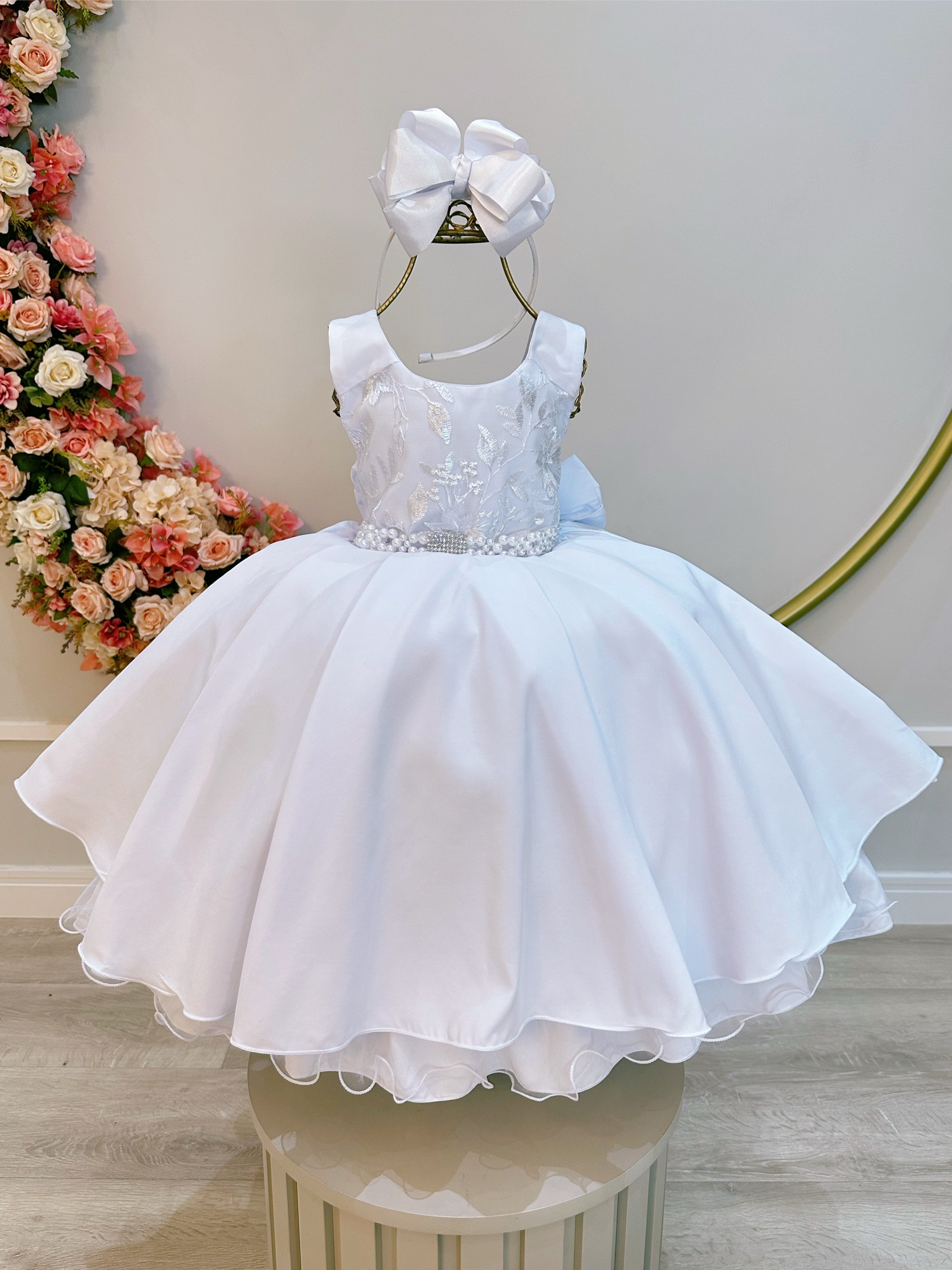 Vestido Infantil Branco Busto C/ Renda Damas Festas