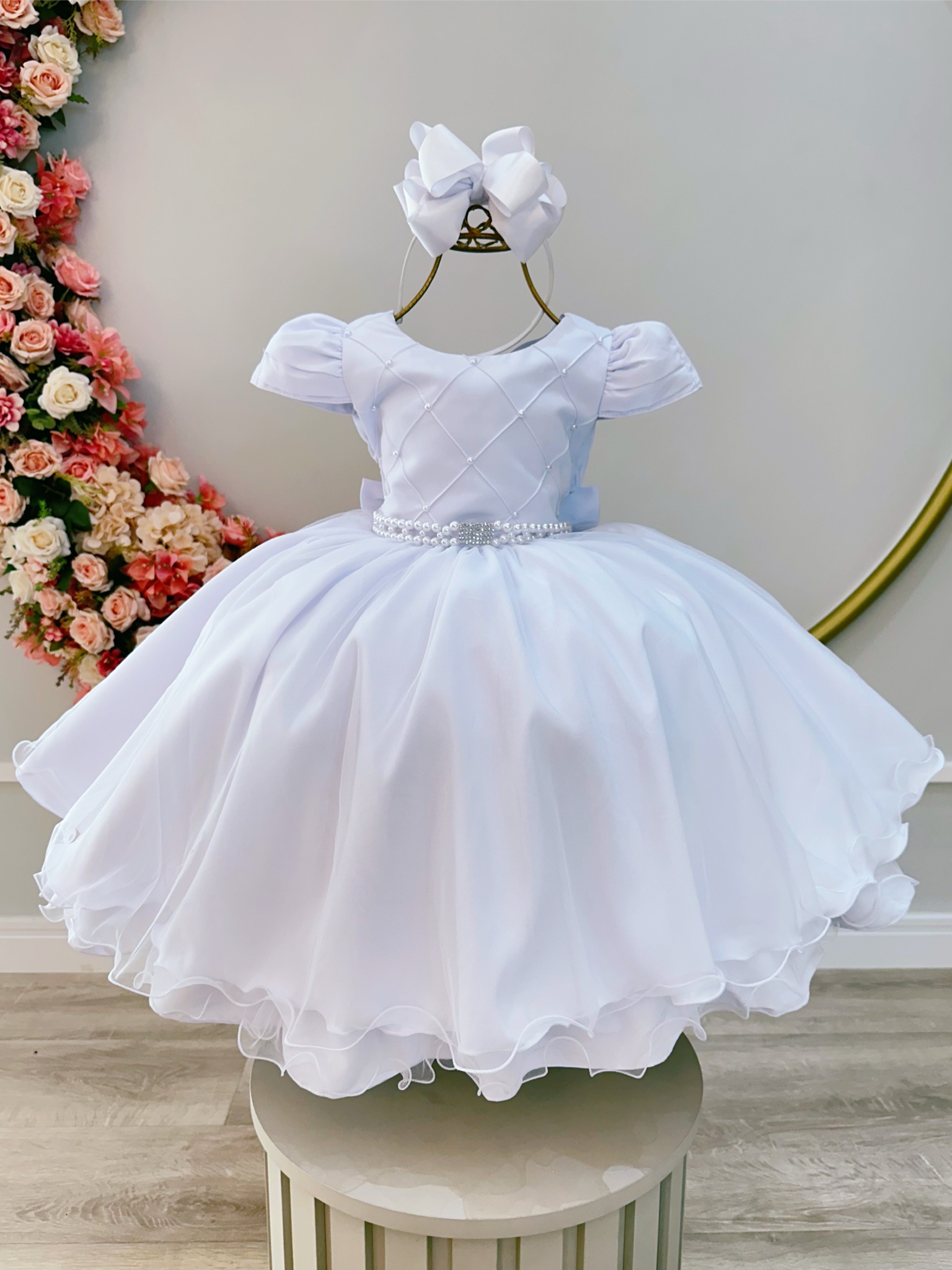 Vestido Infantil Branco Busto Com Nervura Damas Festas