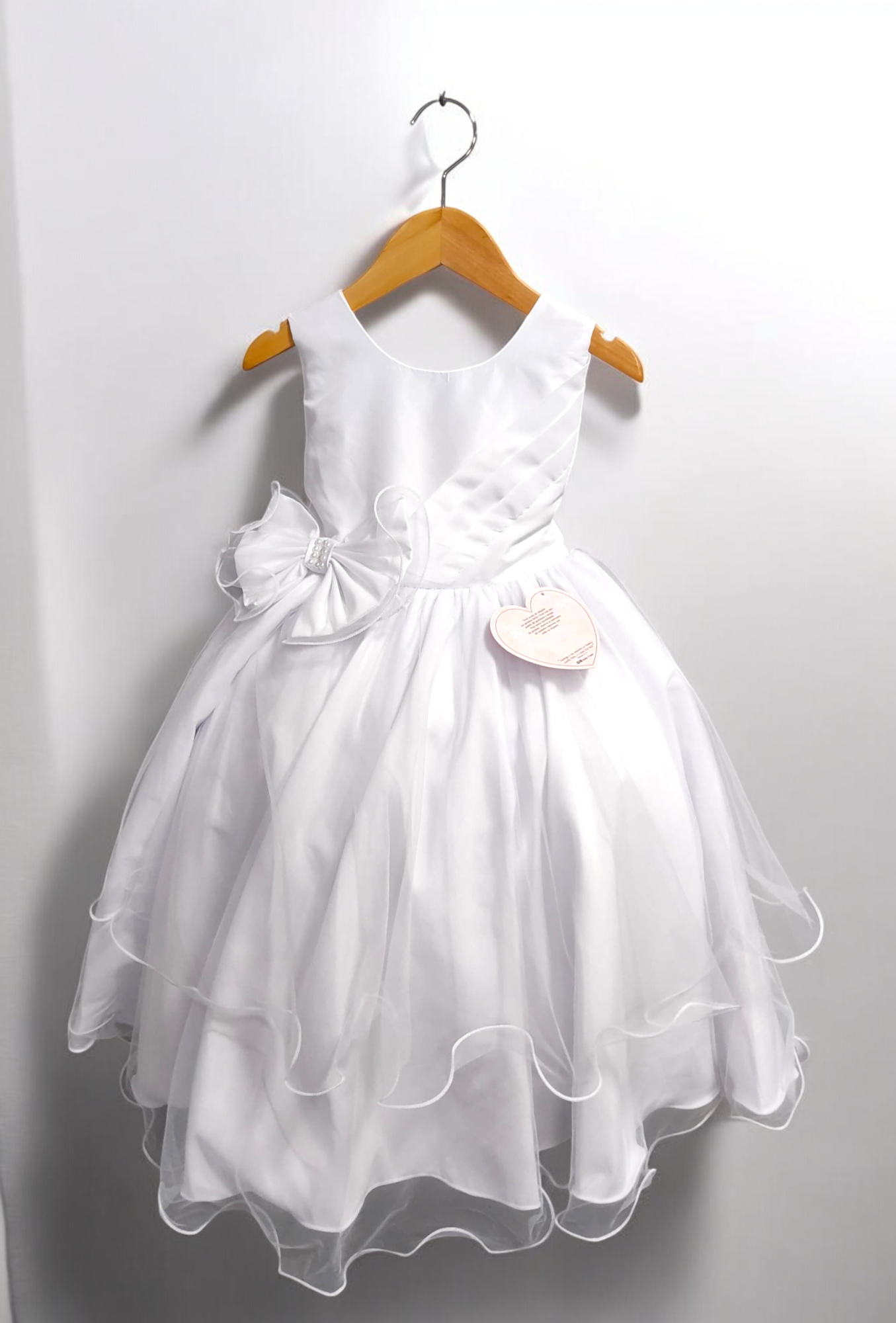 Vestido Infantil Branco Busto Drapeado Aplique de Laço Damas