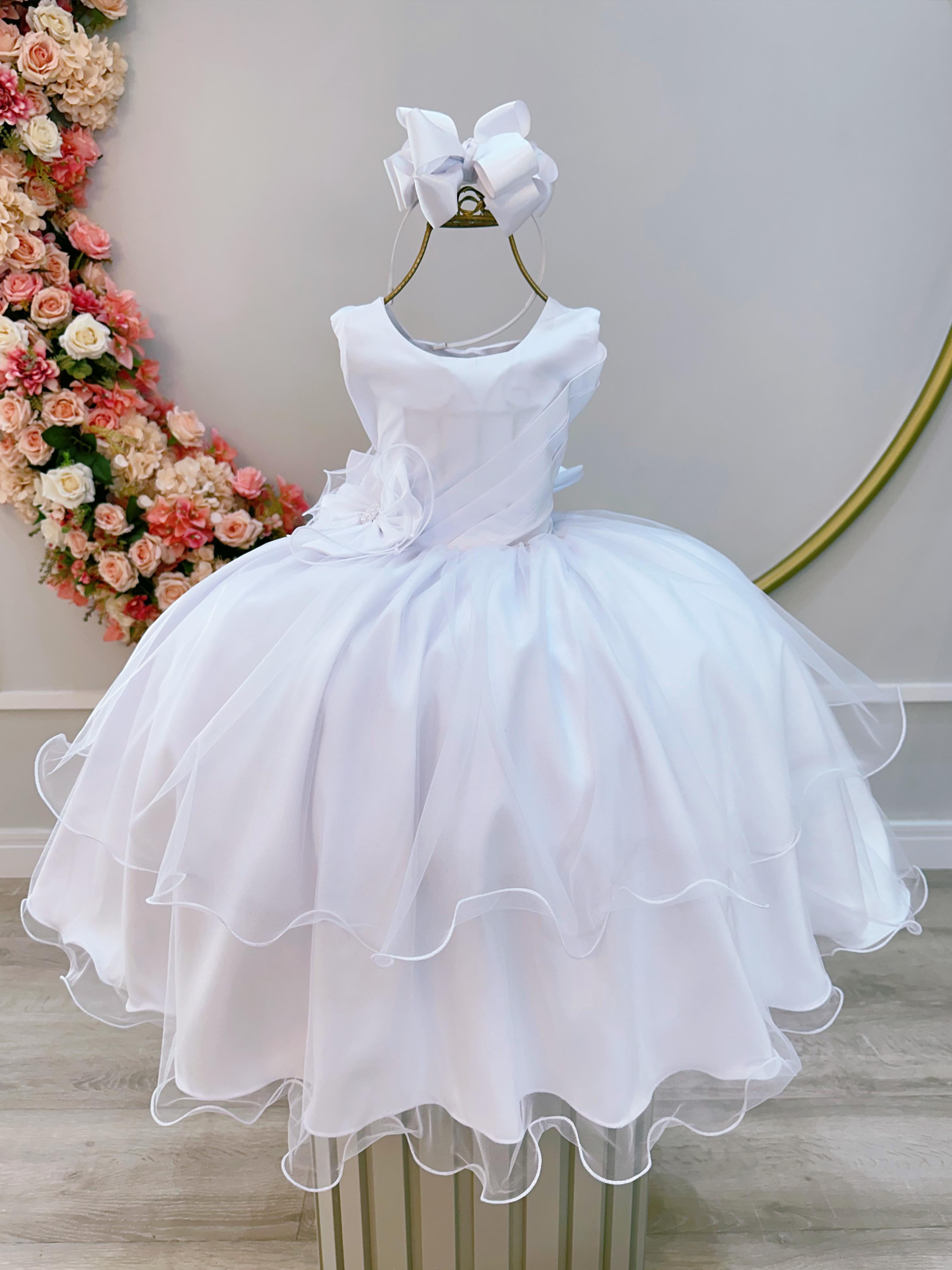 Vestido Infantil Branco Busto Drapeado Aplique de Laço Damas