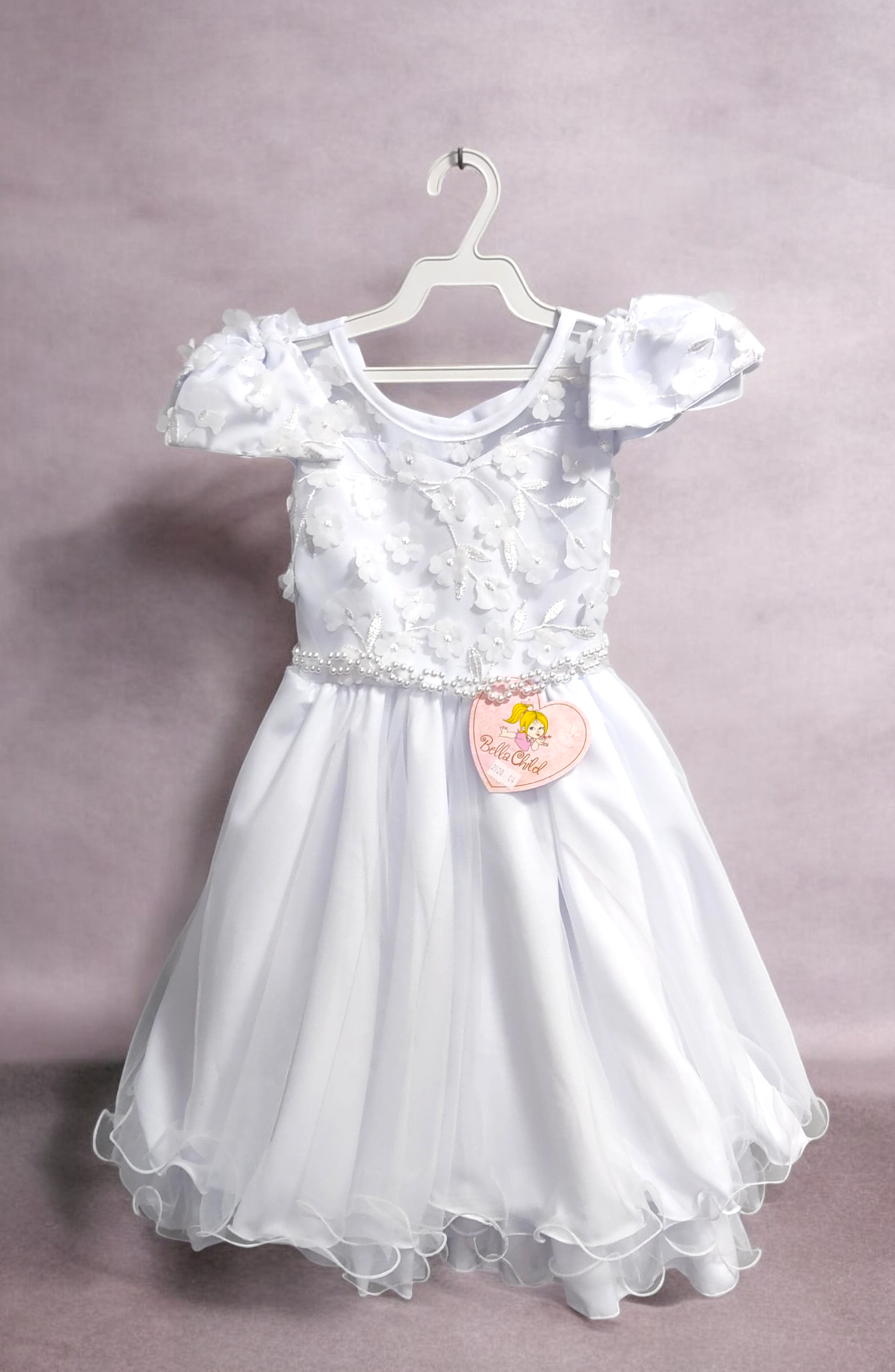 Vestido Infantil Branco C/ Apliques de Flores e Renda Damas