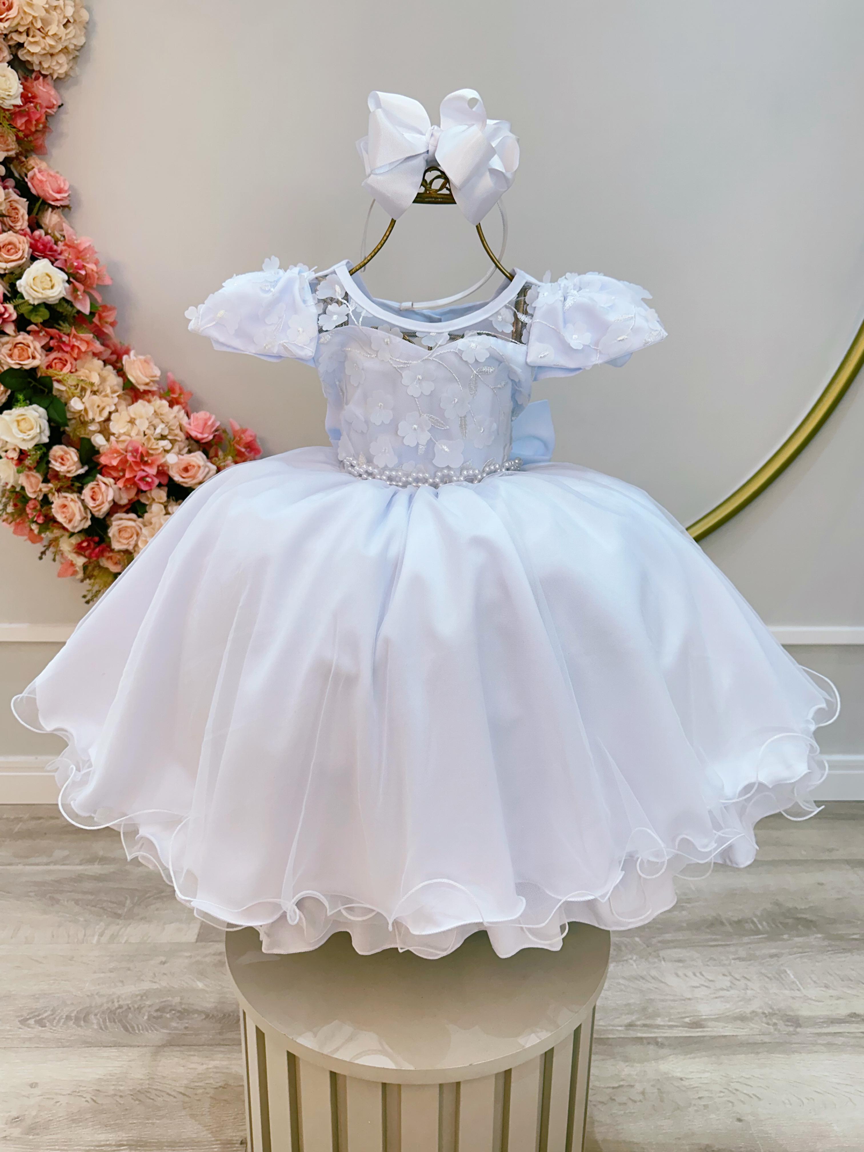 Vestido Infantil Branco C/ Apliques de Flores e Renda Damas