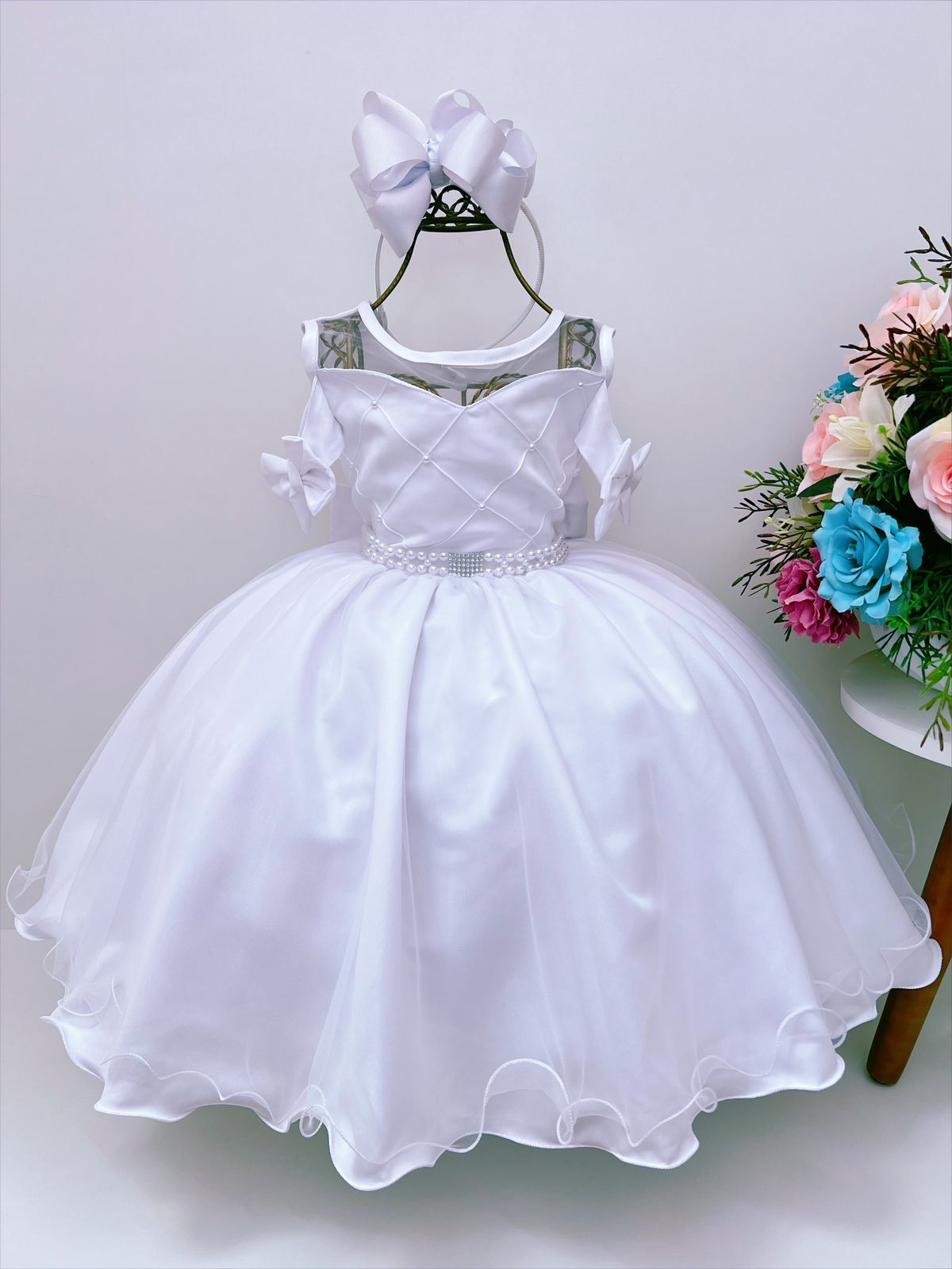 Vestido Infantil Branco C/ Cinto de Pérolas Strass Luxo