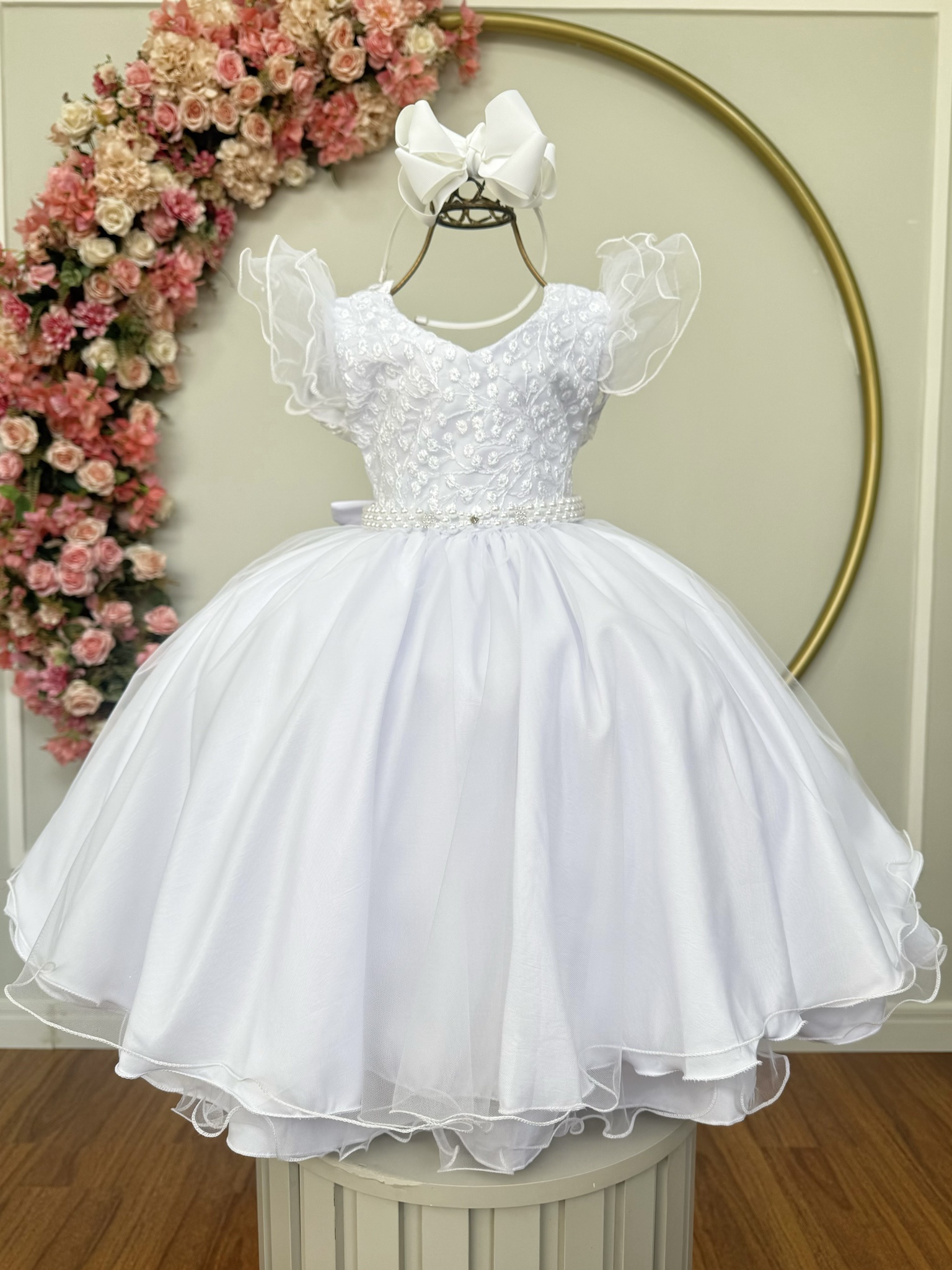 Vestido Infantil Branco C/ Renda e Pérolas Strass Damas