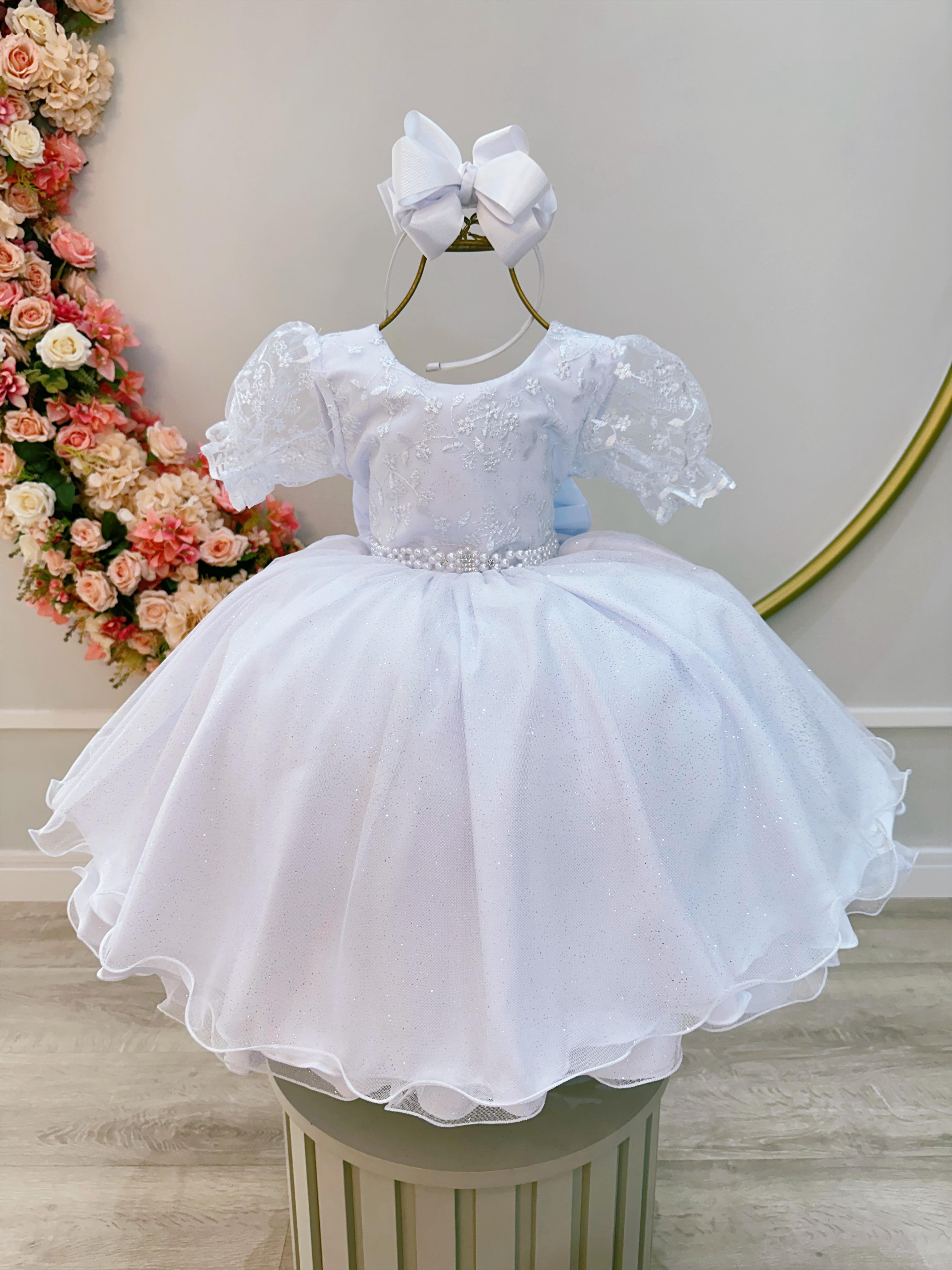 Vestido Infantil Branco C/ Renda Luxo e Cinto Pérolas Damas