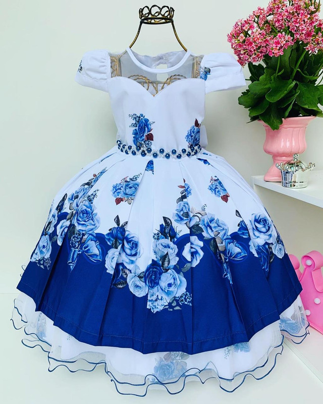 Vestido Infantil Branco e Azul Floral Luxo Princesa Damas