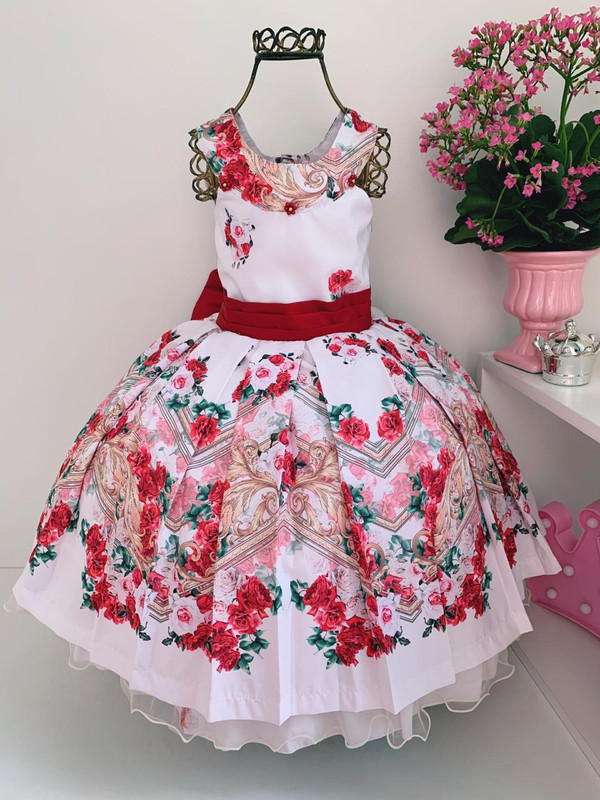 Vestido Infantil Branco e Vermelho Floral Luxo Princesa Dama