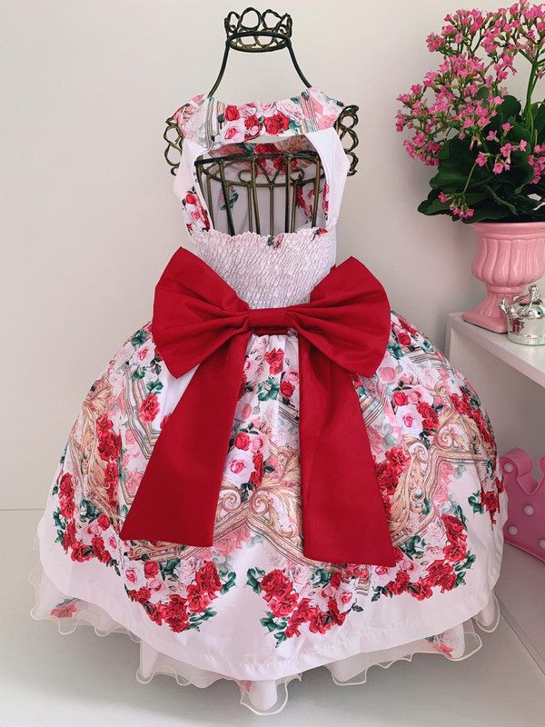 Vestido Infantil Branco e Vermelho Floral Luxo Princesa Dama