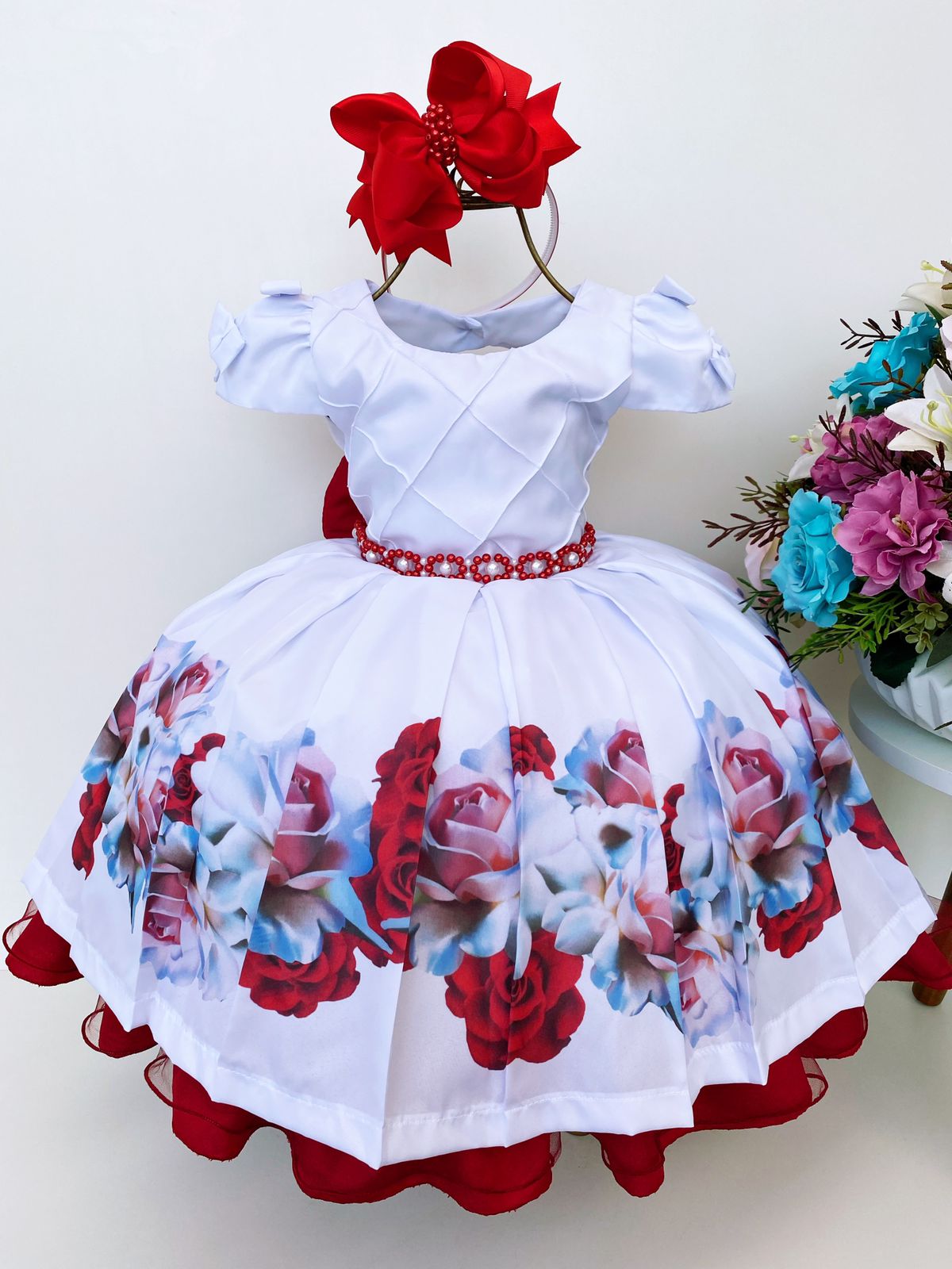 Vestido Infantil Branco Floral Vermelho Luxo Cinto Pérolas