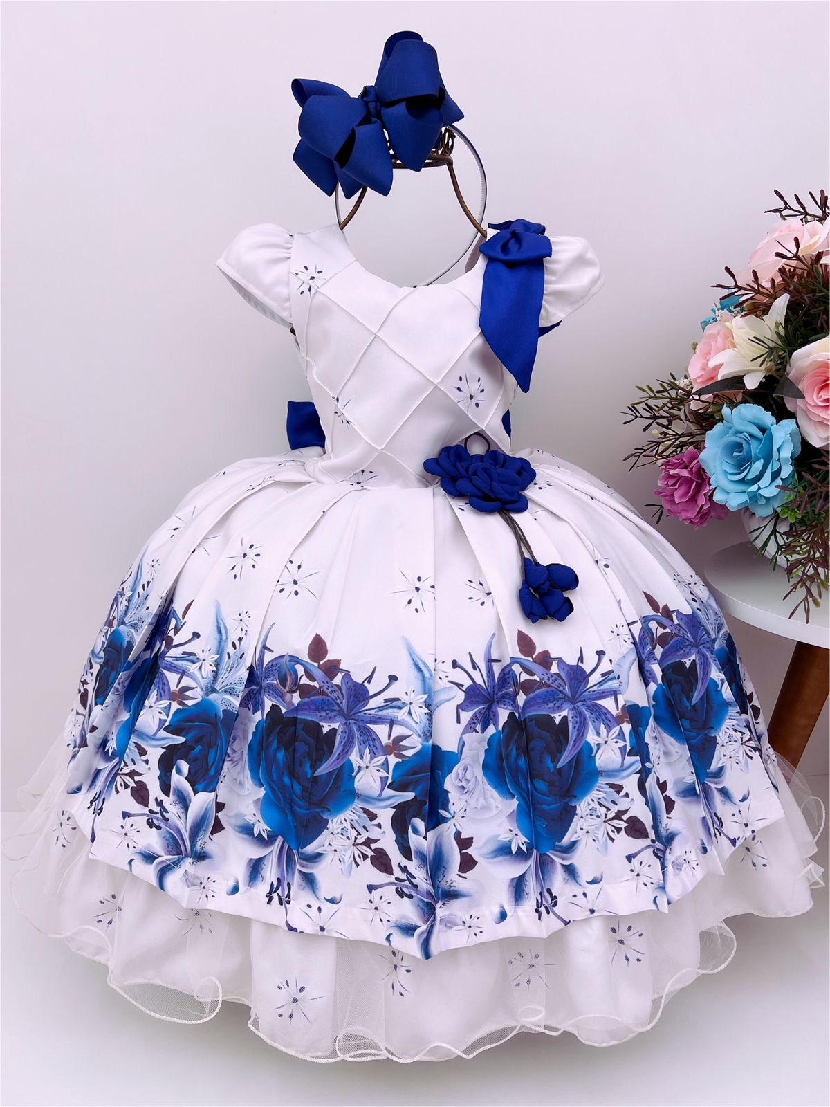 Vestido Infantil Off Flores Azuis Aplique Flor Luxo