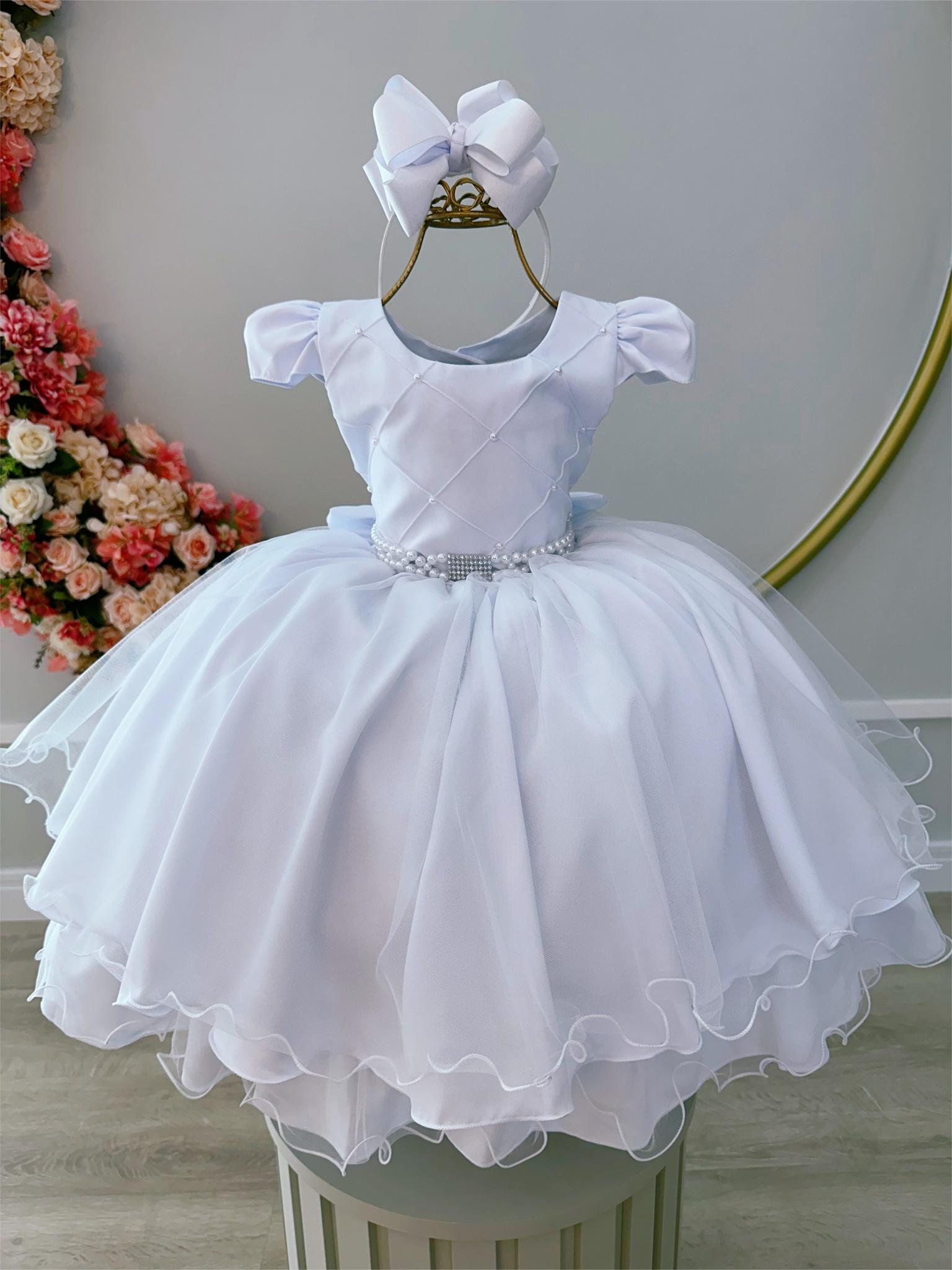 Vestido Infantil Branco Busto Nervura Pérolas Strass Luxo