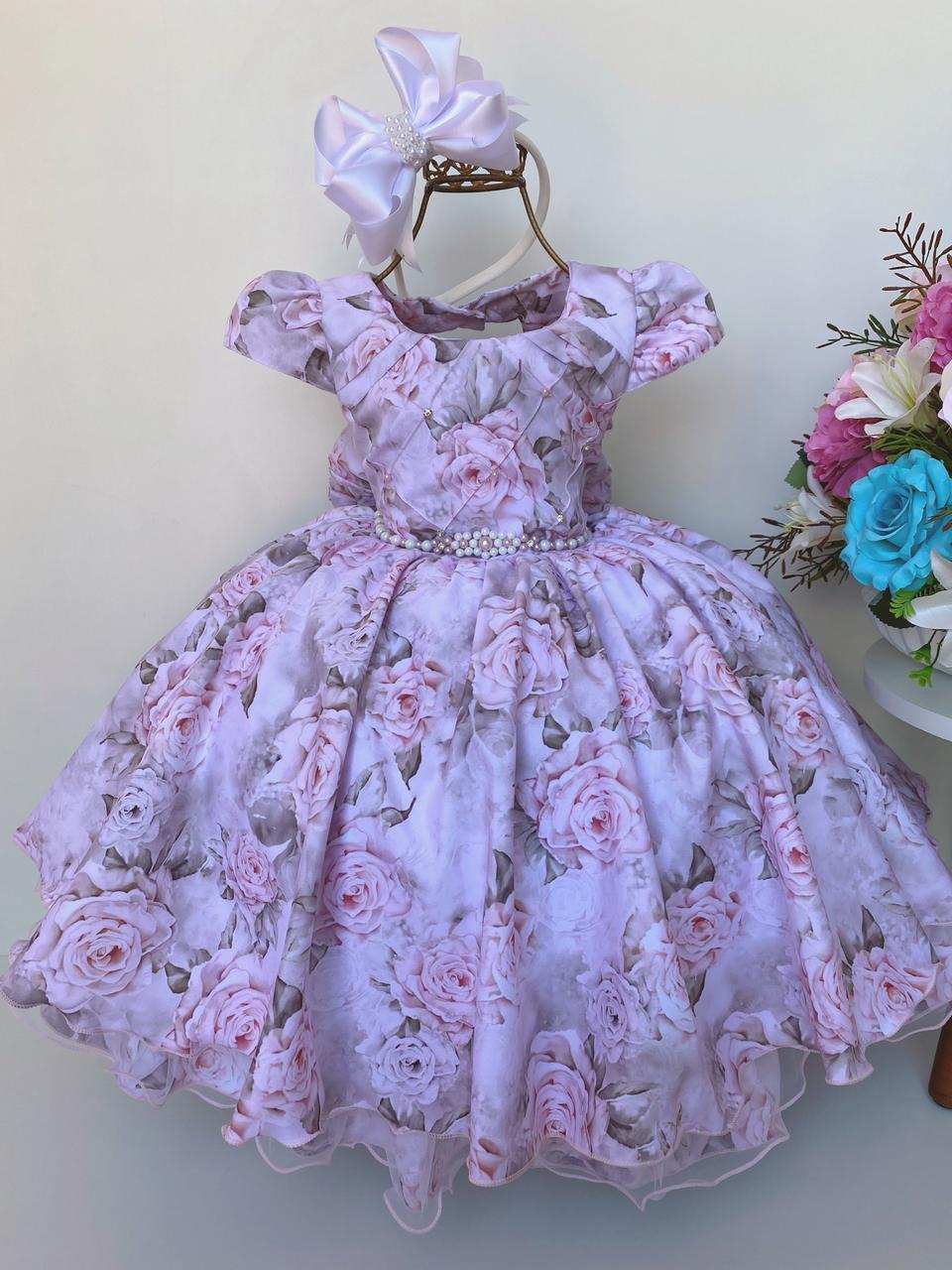 Vestido Infantil Floral Rosê Cinto de Pérolas