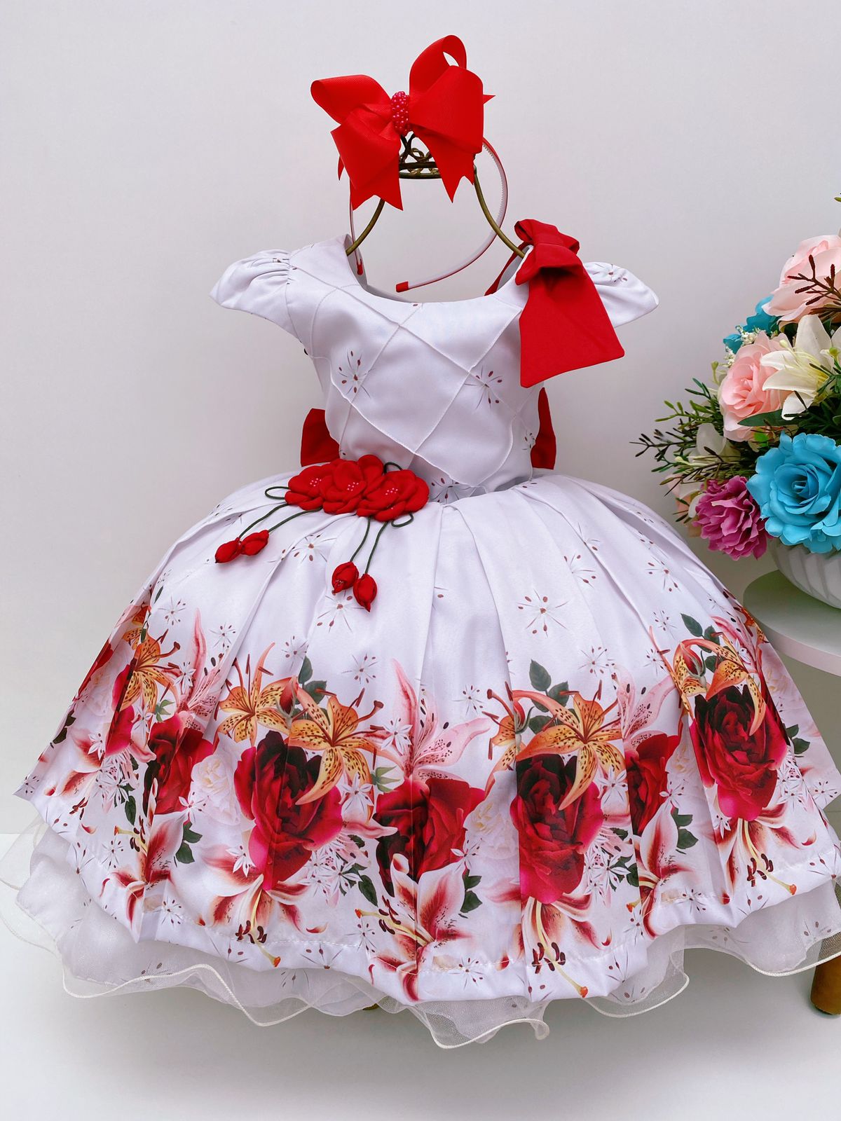 Vestido Infantil Flores Vermelhas Aplique Flor Luxo Laço