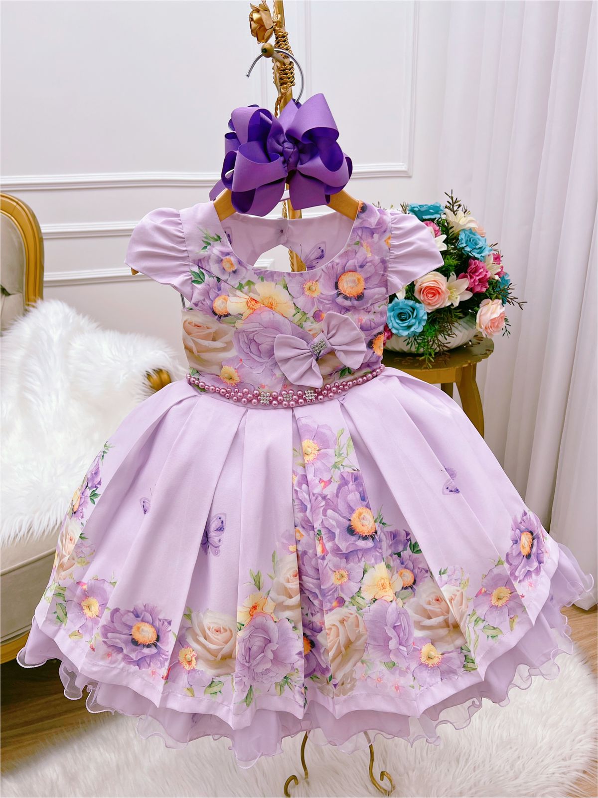 Vestido Infantil Princesa Sofia Lilás C/ Cinto de Pérolas - Rosa Charmosa  Atacado