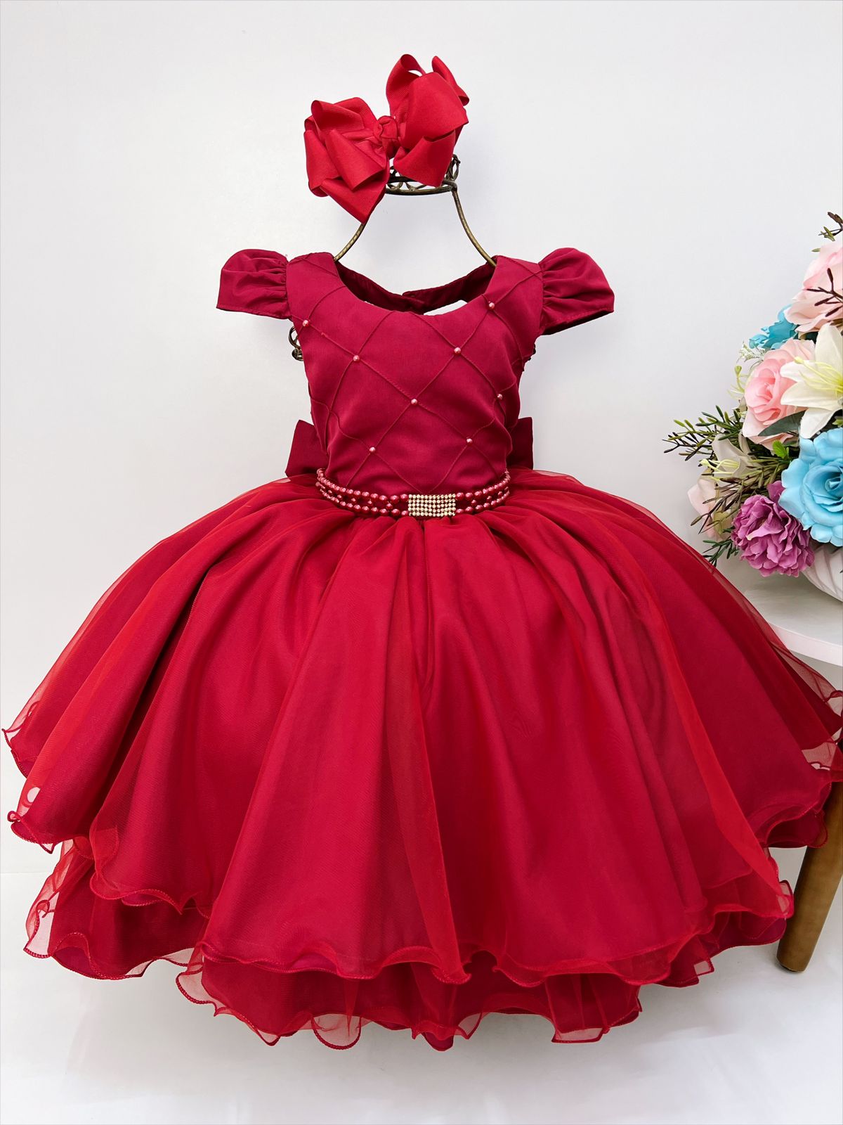 Vestido Infantil Vermelho Peito Nervura Pérolas Strass Luxo