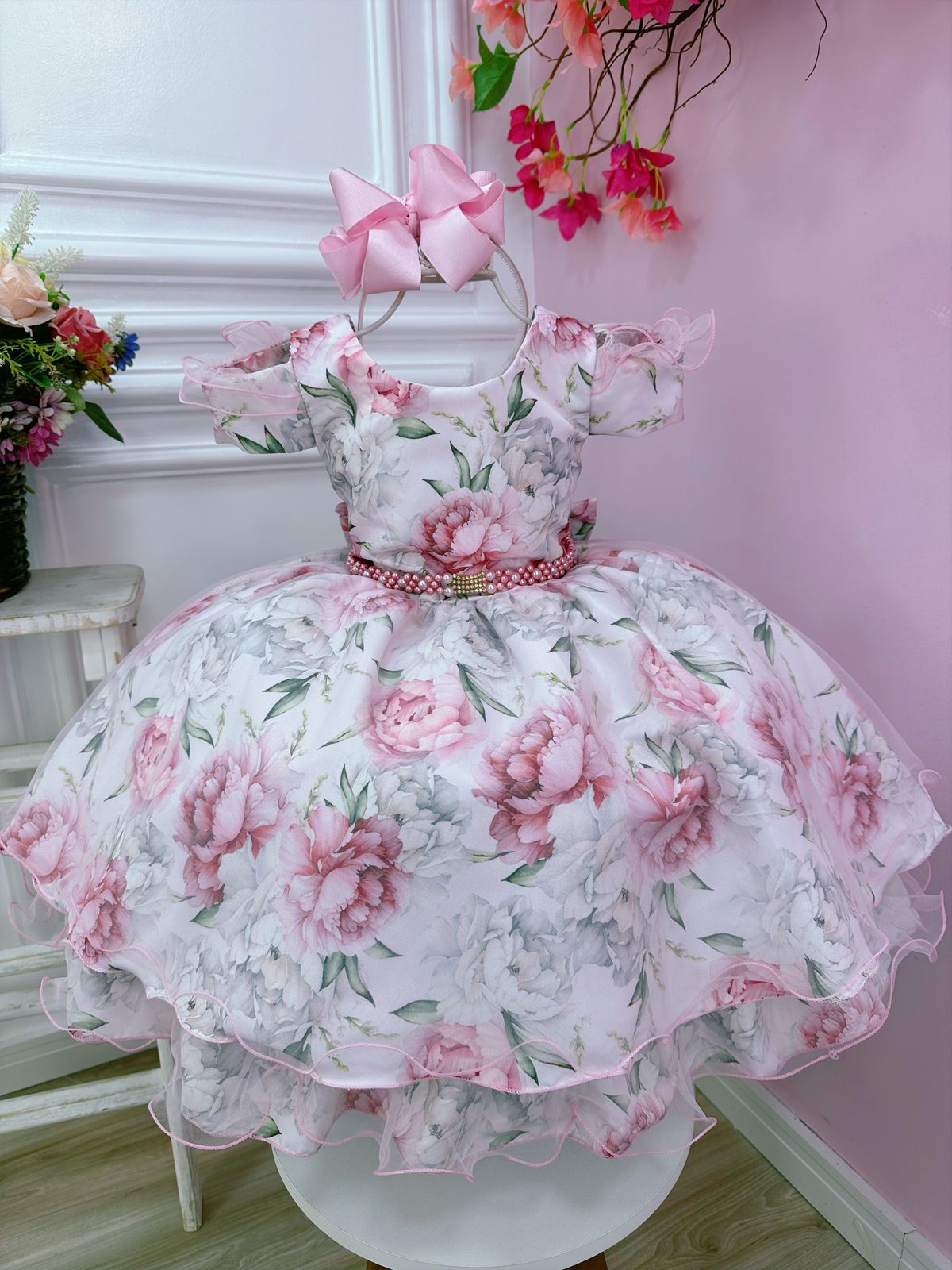Vestido Infantil Rosa Bebê Jardim Flores Cinto de Pérolas