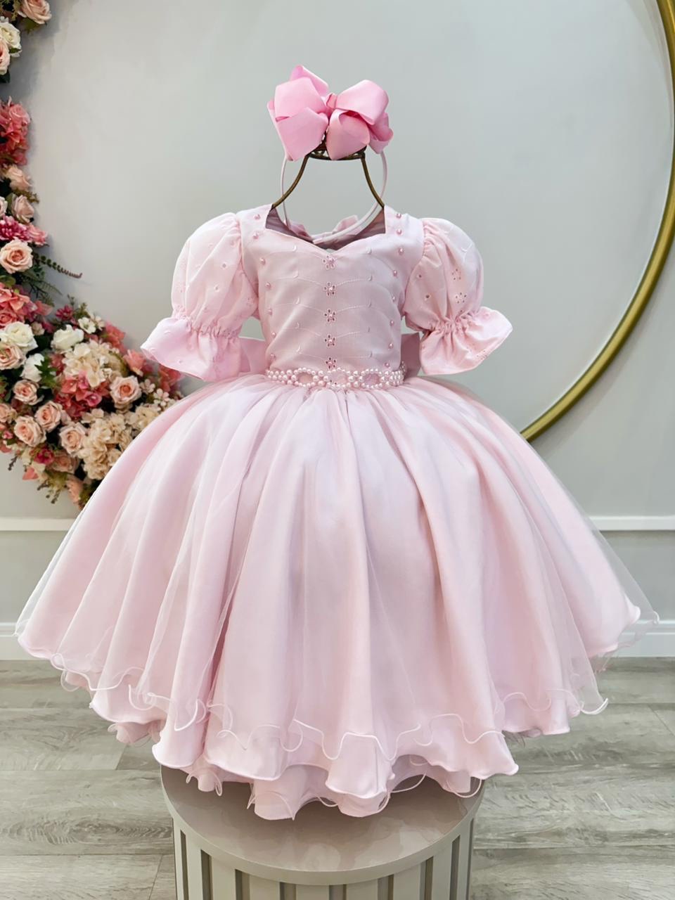 Vestido Infantil Rosa Busto Bordado Daminhas Festas Luxo