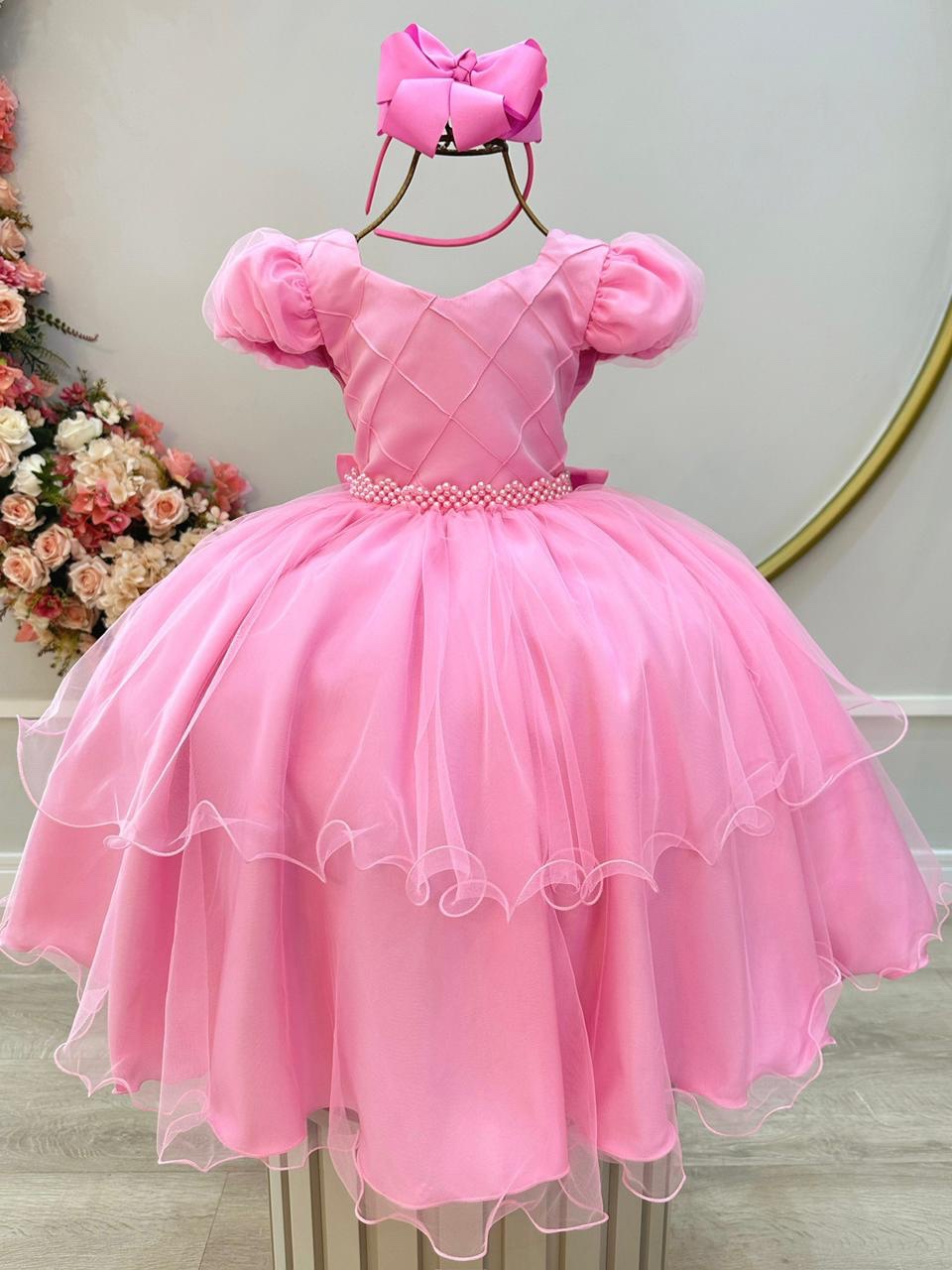 Vestido Infantil Rosa Busto Nervura Daminhas Festas Luxo
