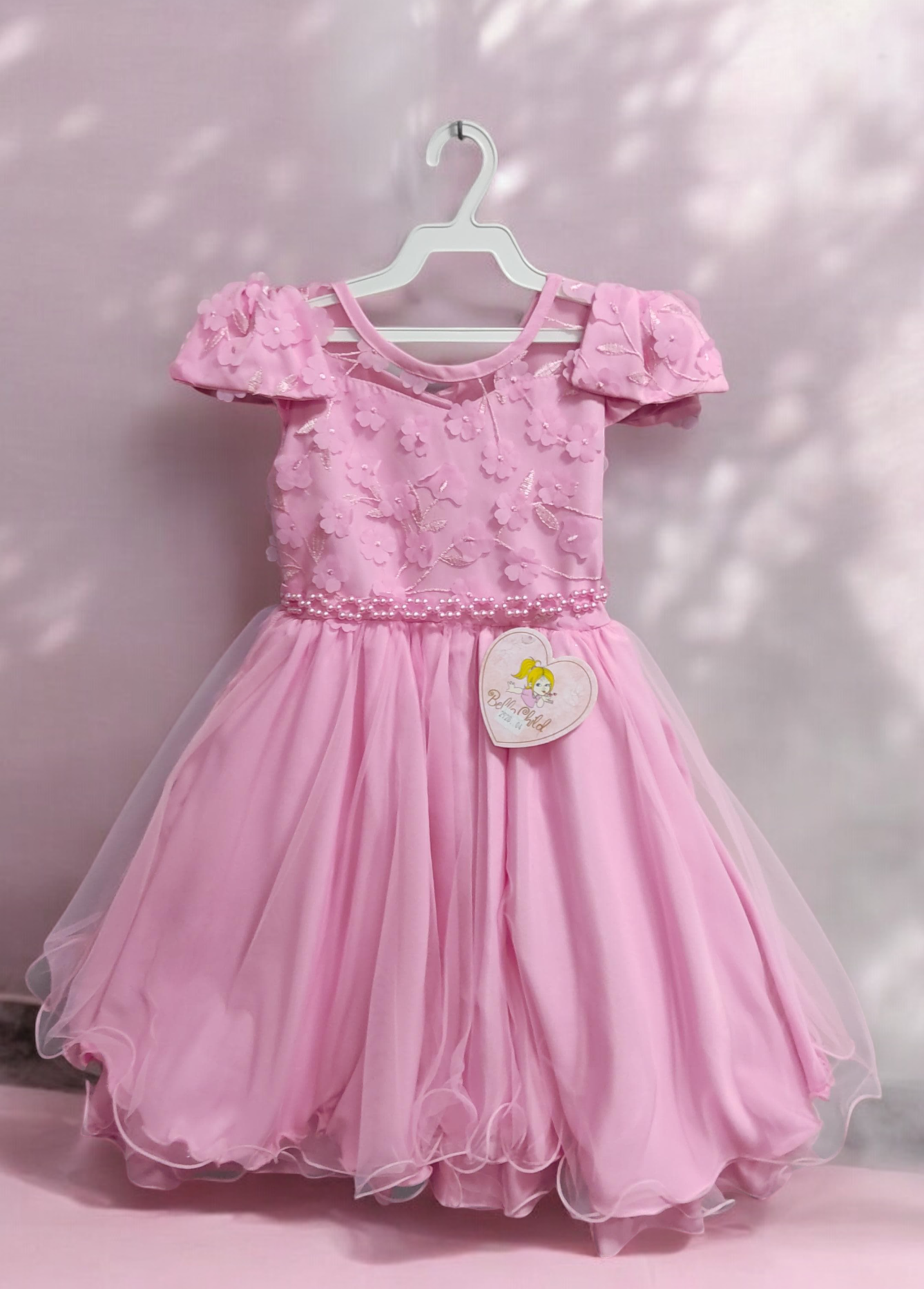 Vestido Infantil Rosa C/ Apliques de Flores e Renda Damas