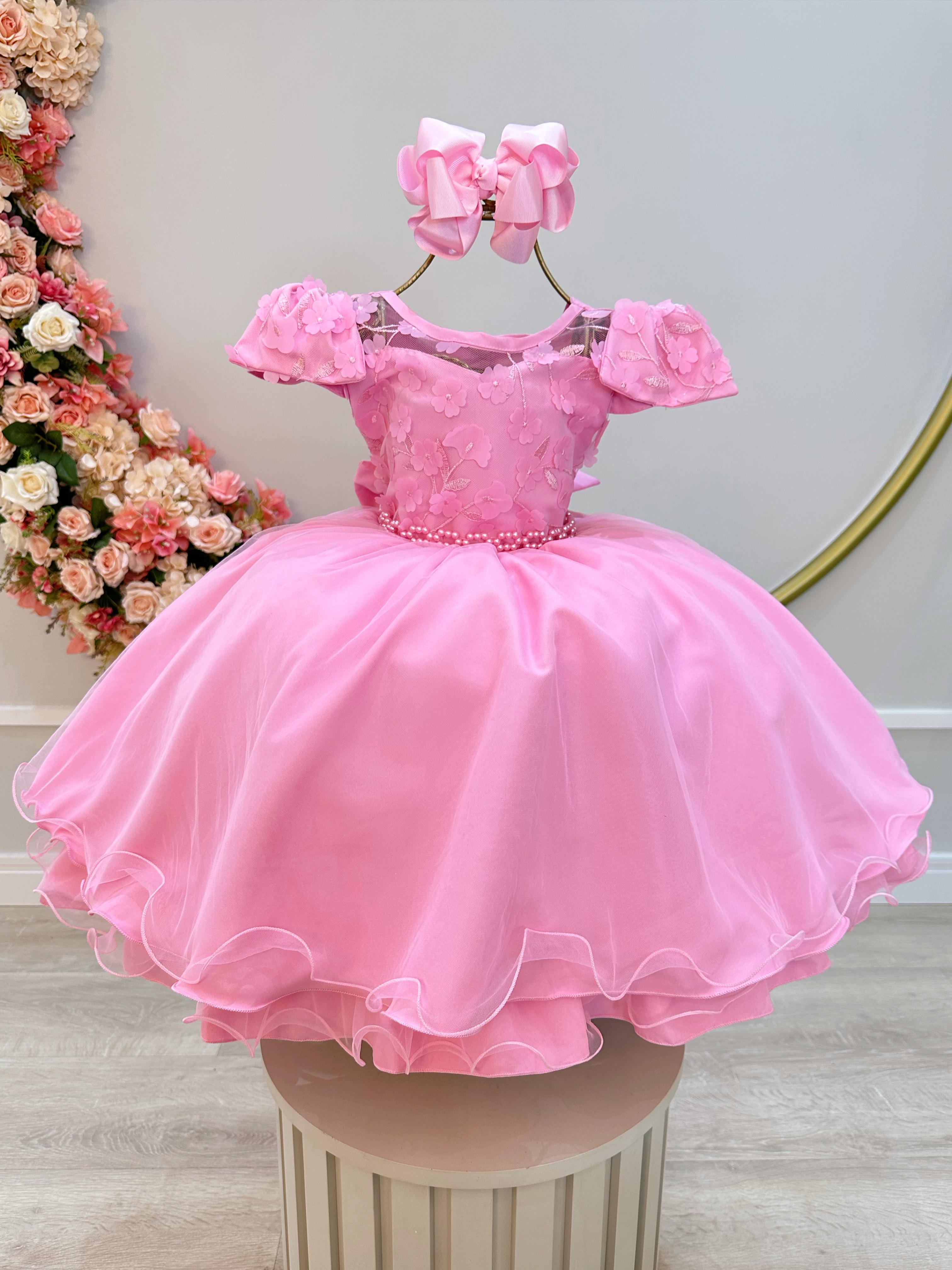 Vestido Infantil Rosa C/ Apliques de Flores e Renda Damas