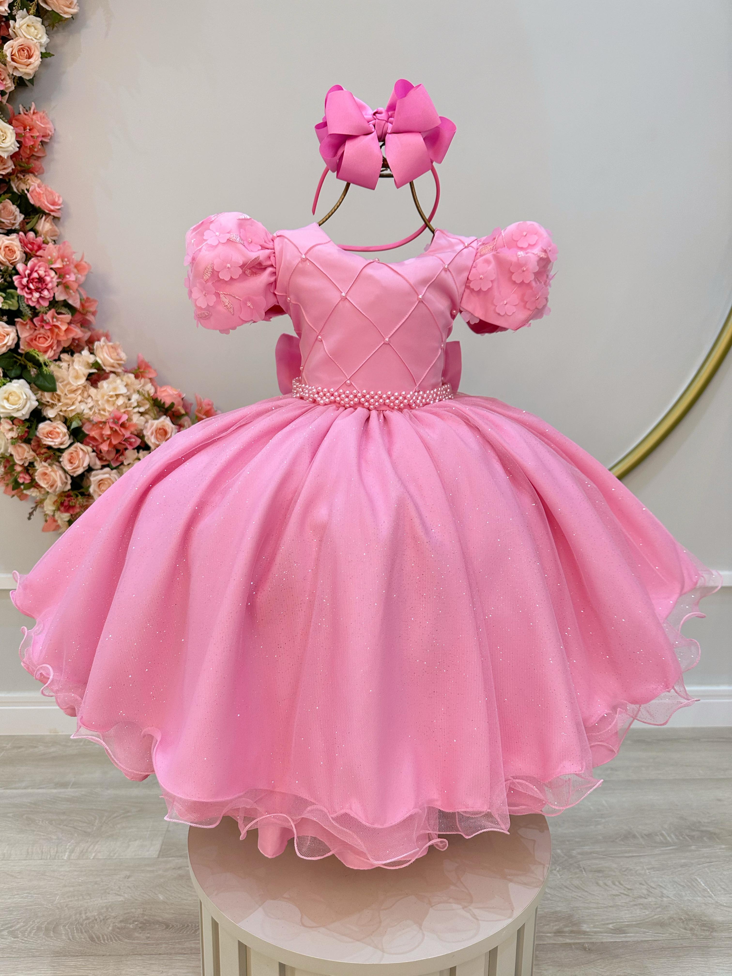 Vestido Infantil Rosa C/ Busto Nervura Daminhas Festas