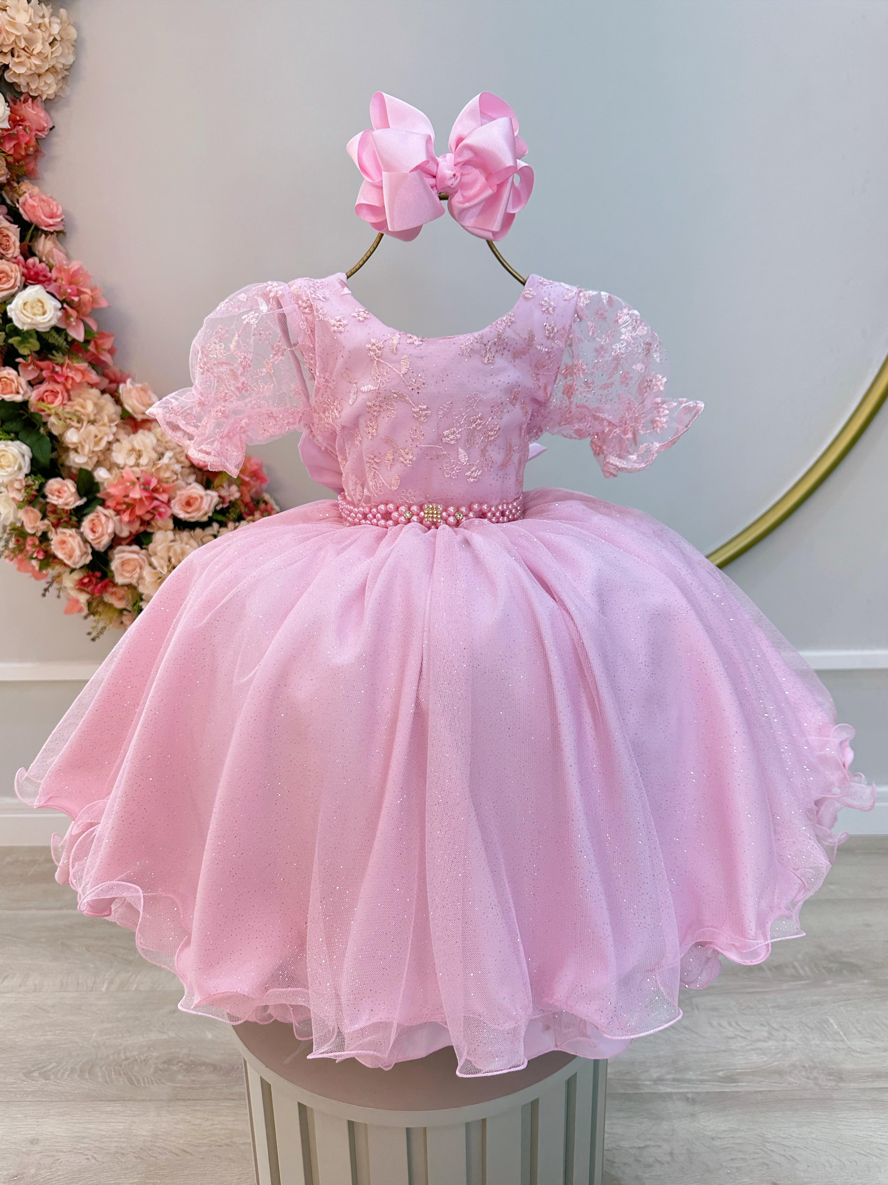 Vestido Infantil Rosa C/ Renda Luxo e Cinto de Pérolas Damas