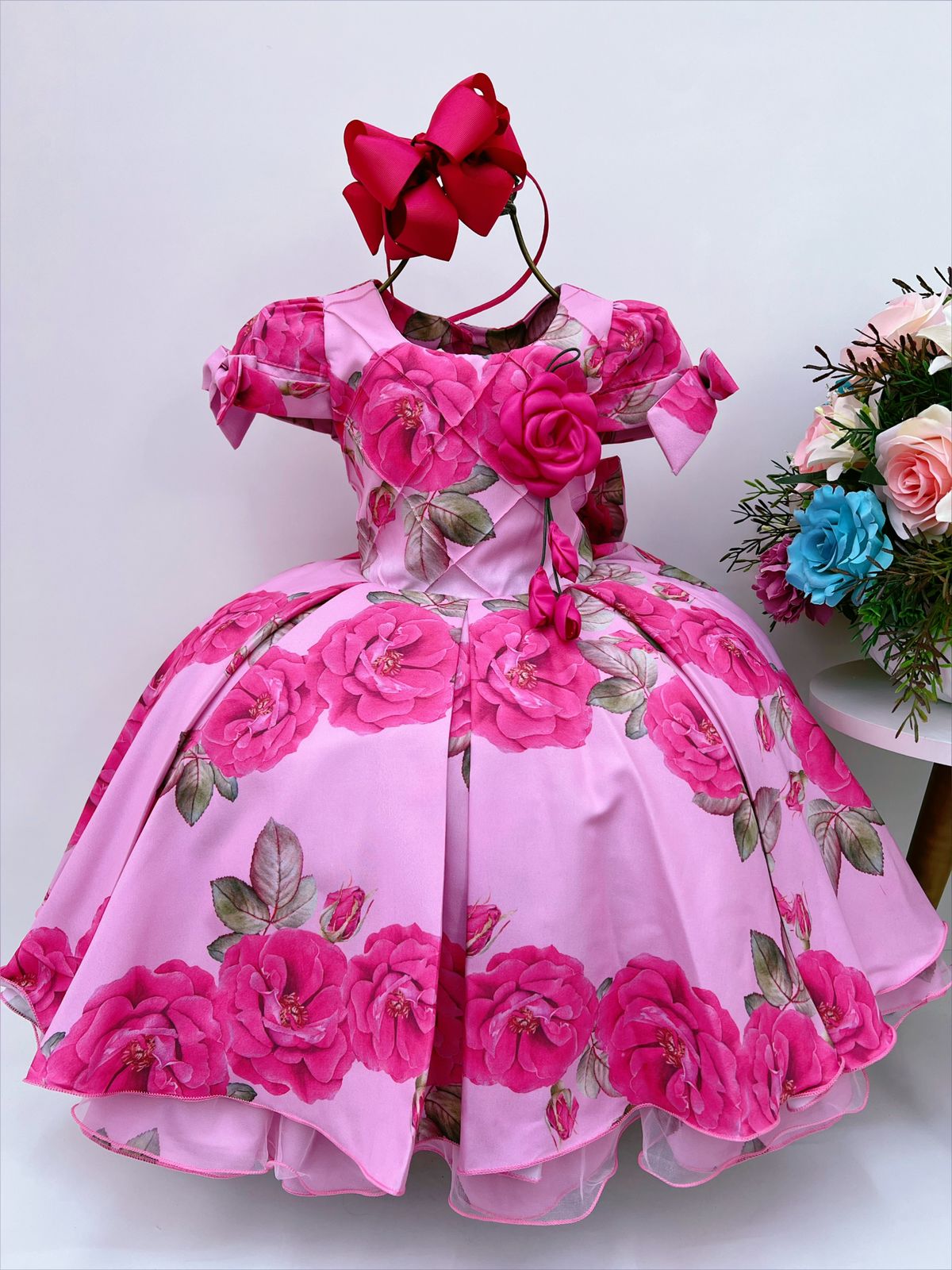 Vestido Infantil Rosa Chiclete Floral Aplique de Flor Luxo