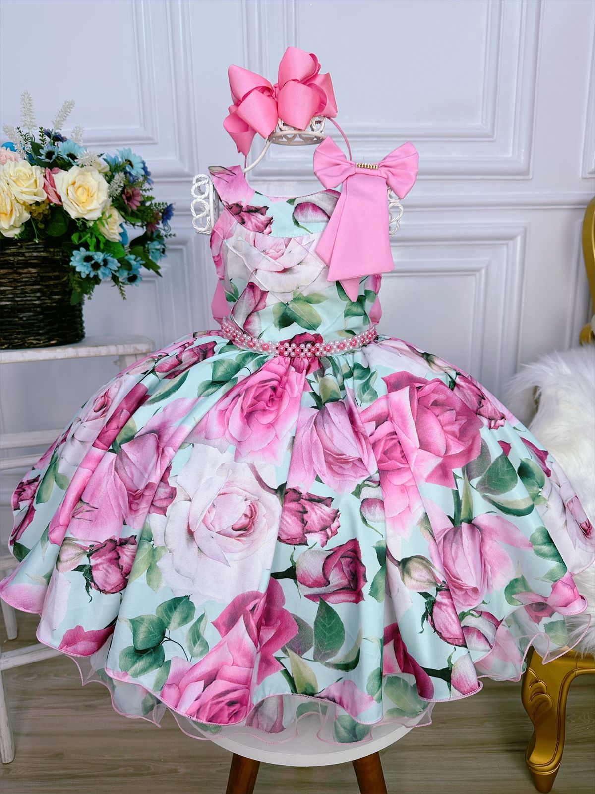 Vestido Infantil Rosa Chiclete Floral Aplique Laço Pérolas