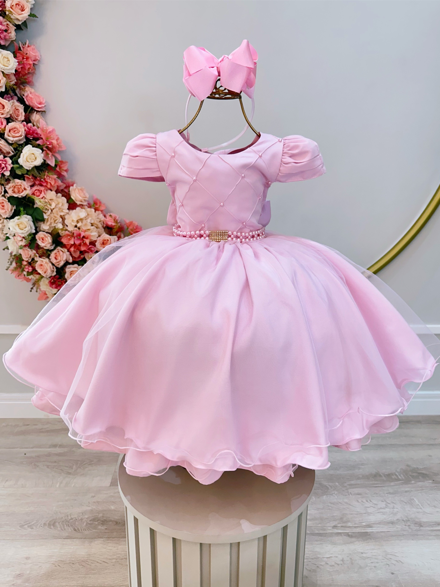 Vestido Infantil Rosa Claro Busto Com Nervura Damas Festas