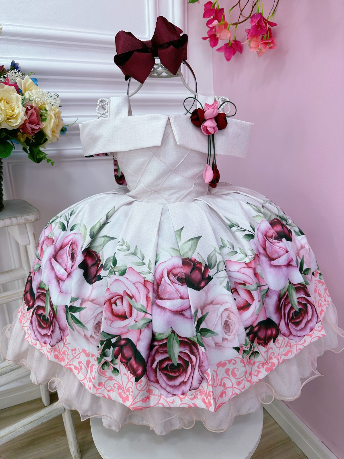 Vestido Infantil Rosa Claro Peito Nervura Florido C/ Broche
