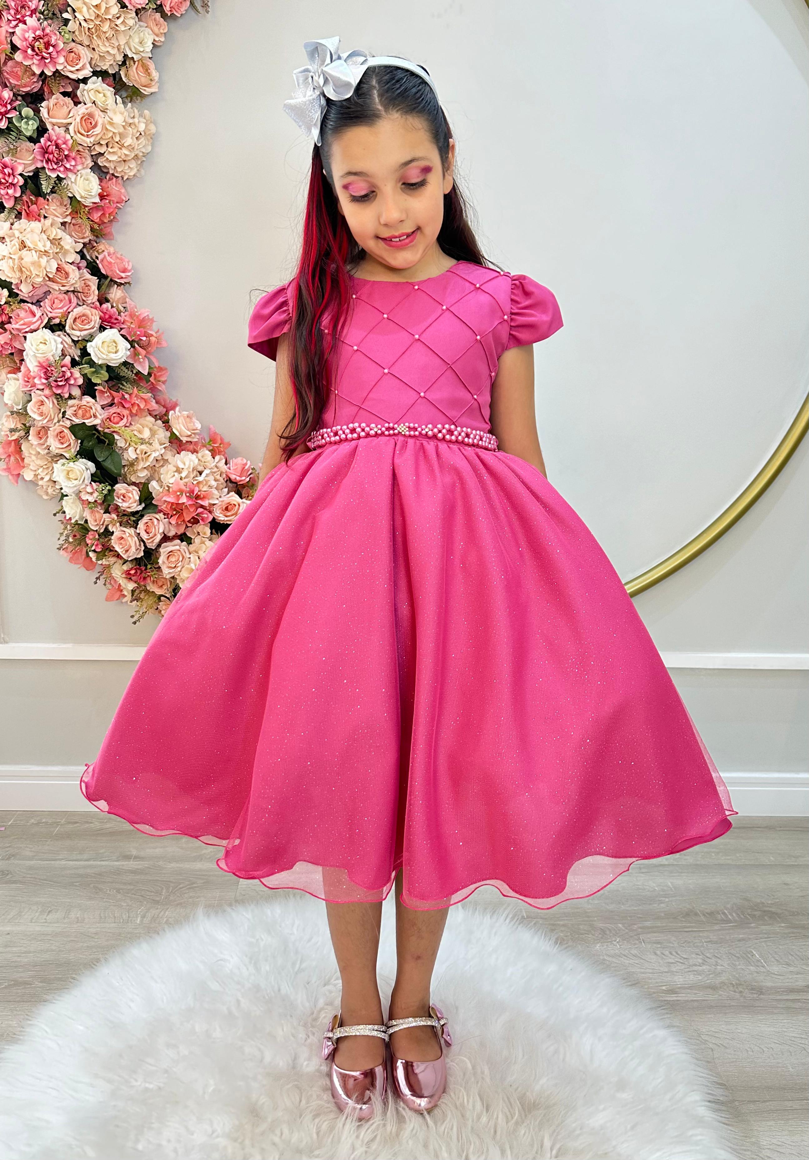 Vestido Infantil Rosa Escuro Busto Nervura Pérolas e Strass