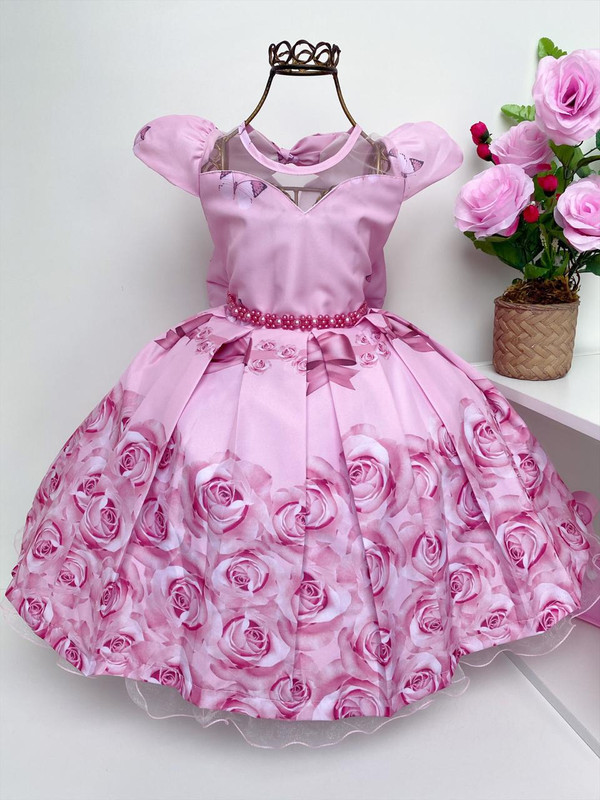 Vestido Infantil Rosa Floral Laços Perolas Luxo Princesas