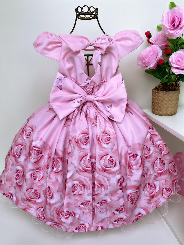 Vestido infantil de laise pink rosa bordado floral com barrado e babados e  laços tam 1 a 8 anos Isabela