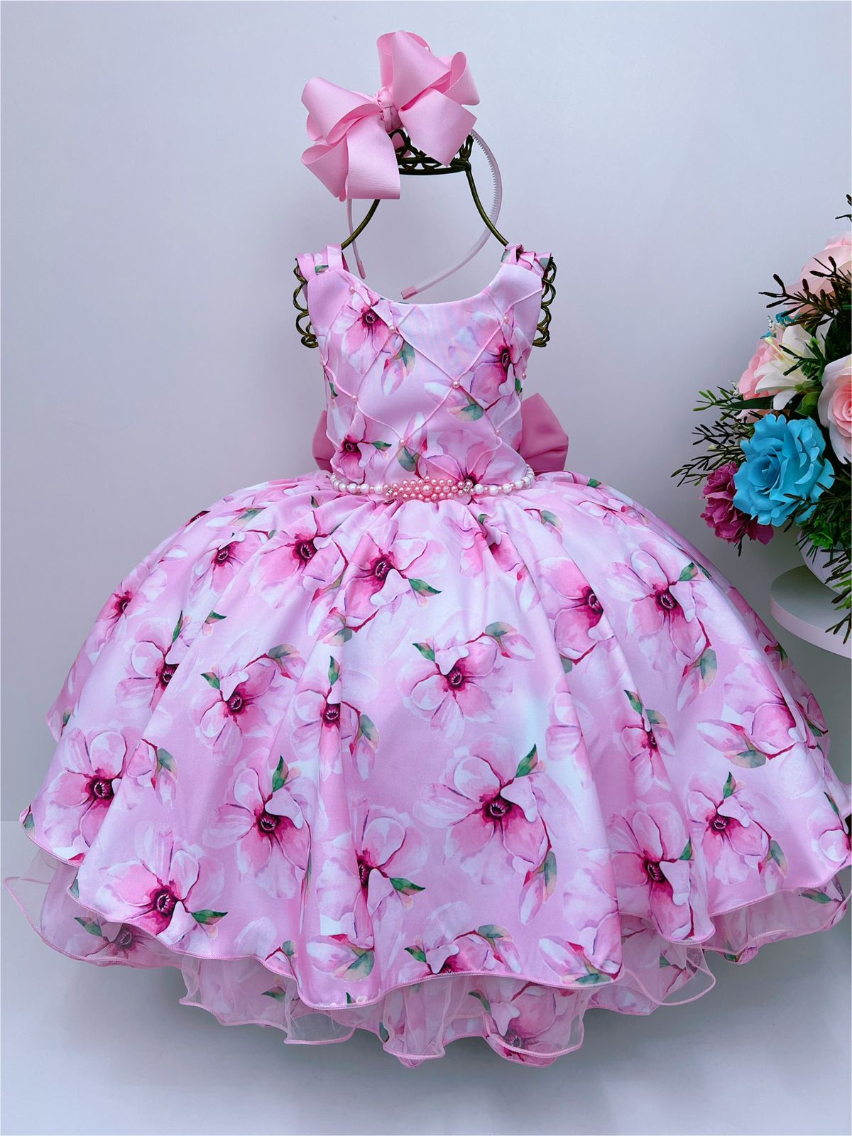 Vestido Infantil Rosa Floral Luxo Cinto de Pérolas