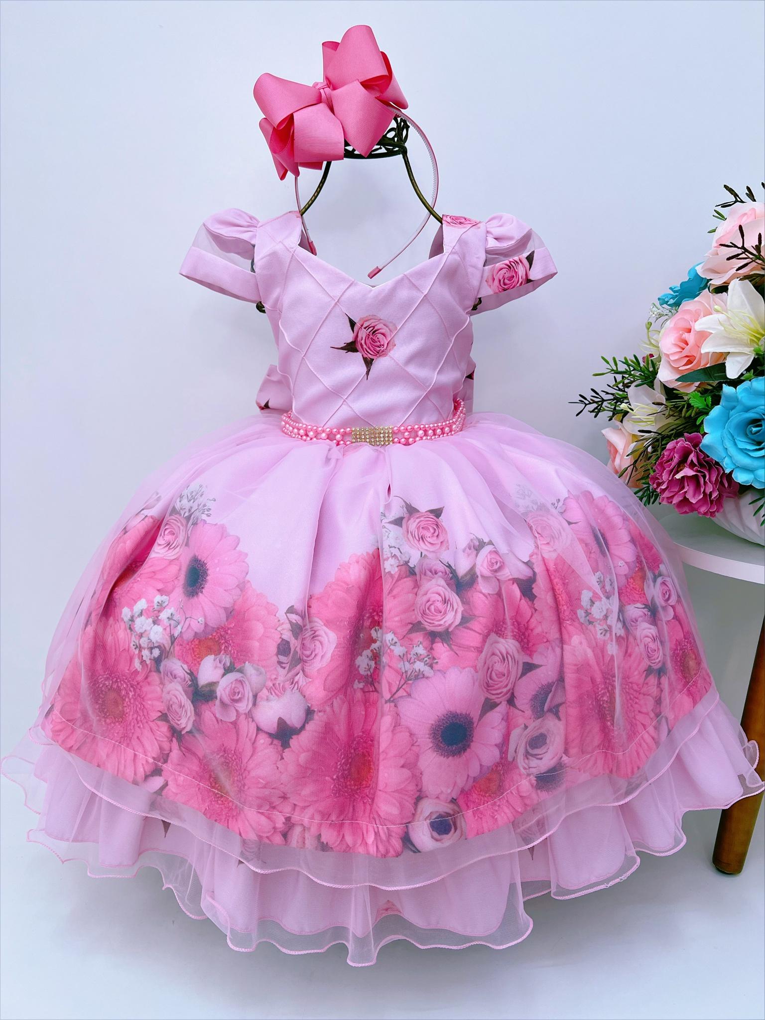 Vestido Infantil Rosa Floral Luxo Cinto Pérolas Strass