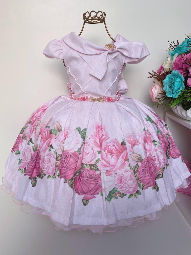 Vestido Infantil Rosa Floral Luxo Nervuras Pérolas Strass