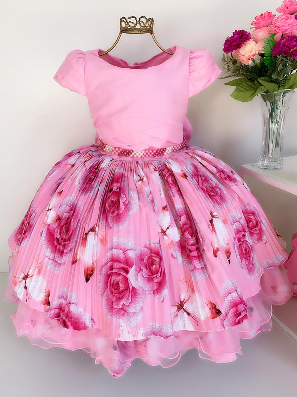 Vestido Infantil Rosa Floral Saia Plissada Damas Luxo