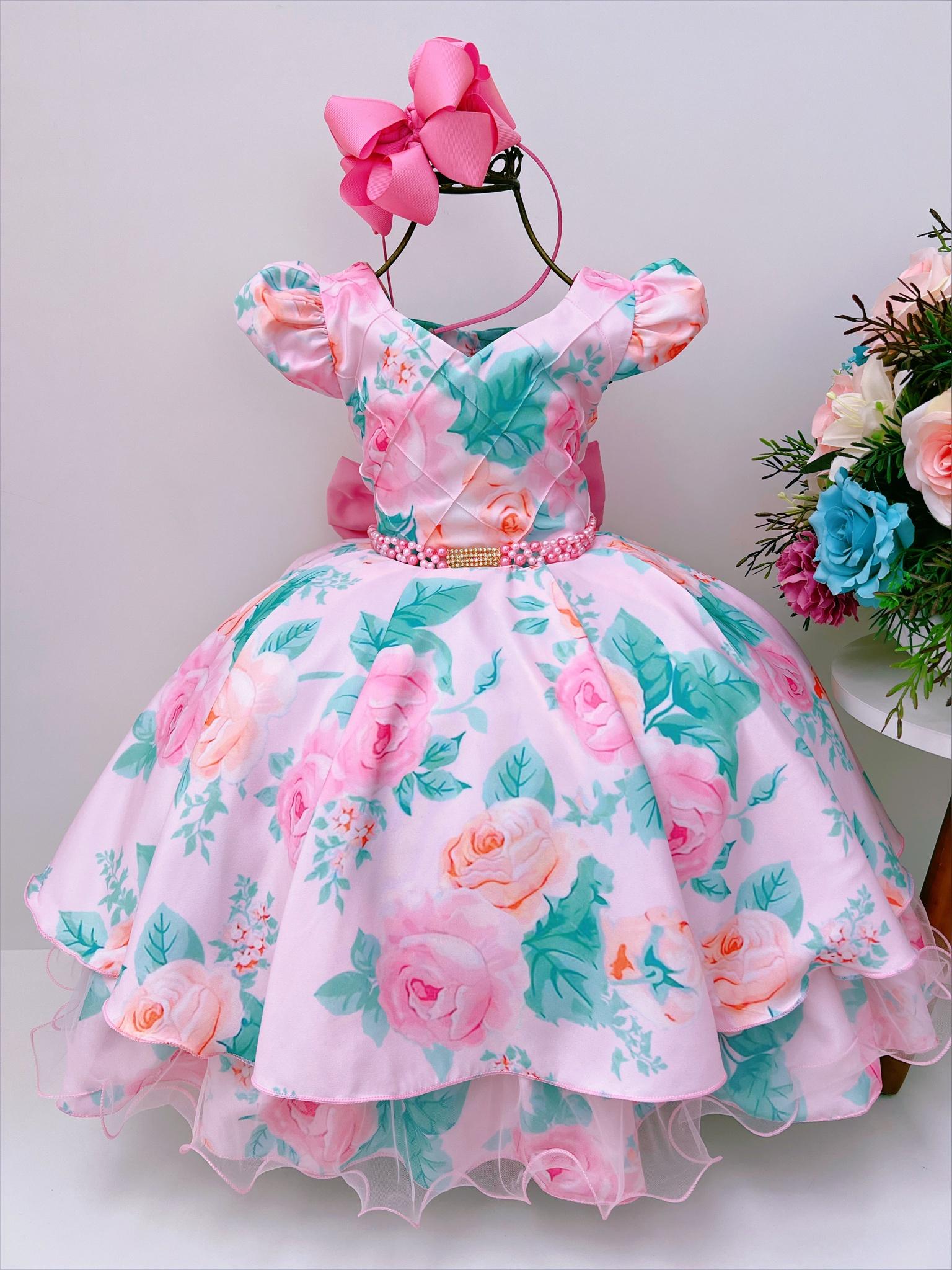 Vestido Infantil Rosa Florido C/ Pérolas e Strass Luxo