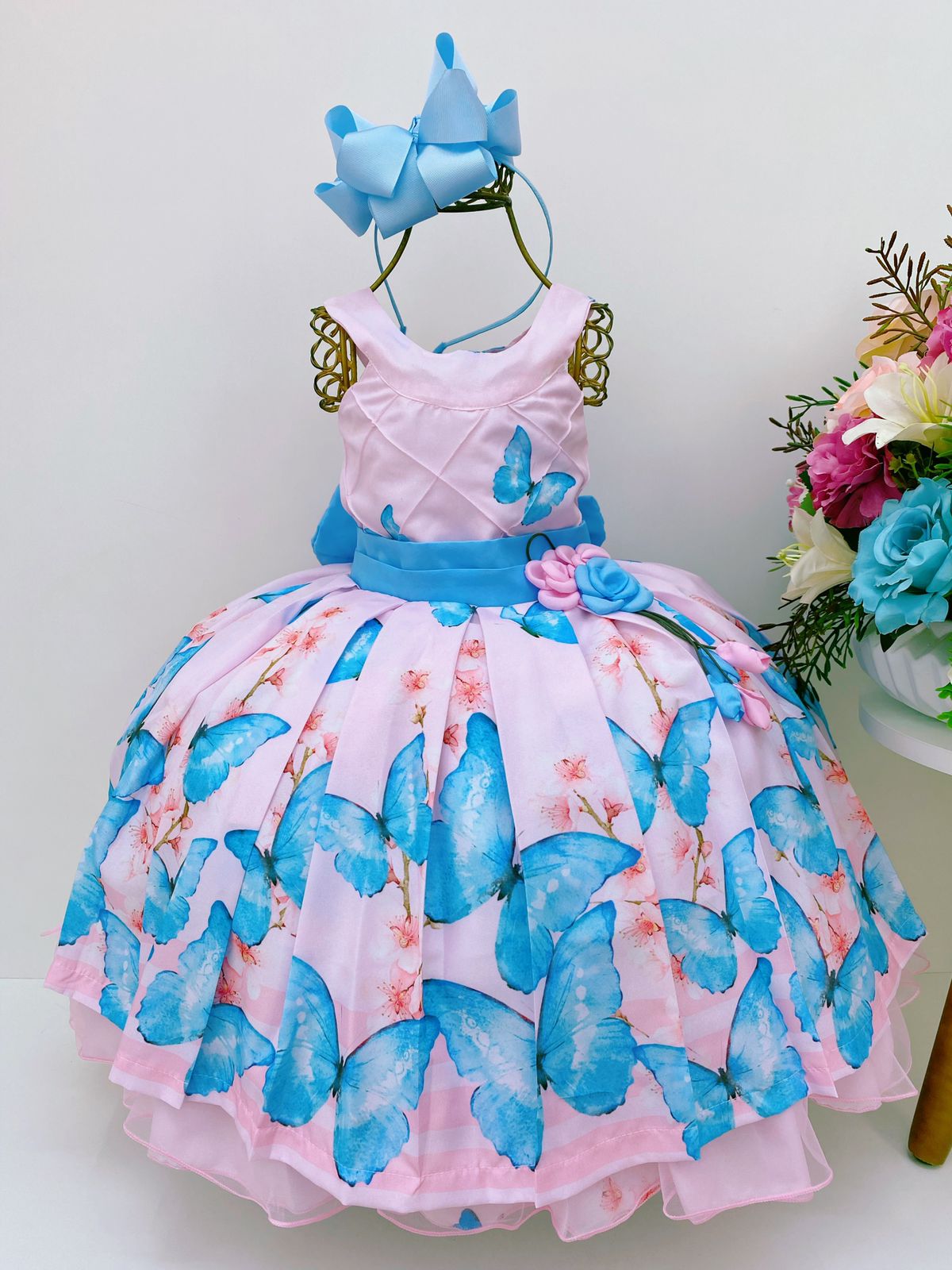 Vestido Infantil Rosa Jardim das Borboletas Azul Aplique